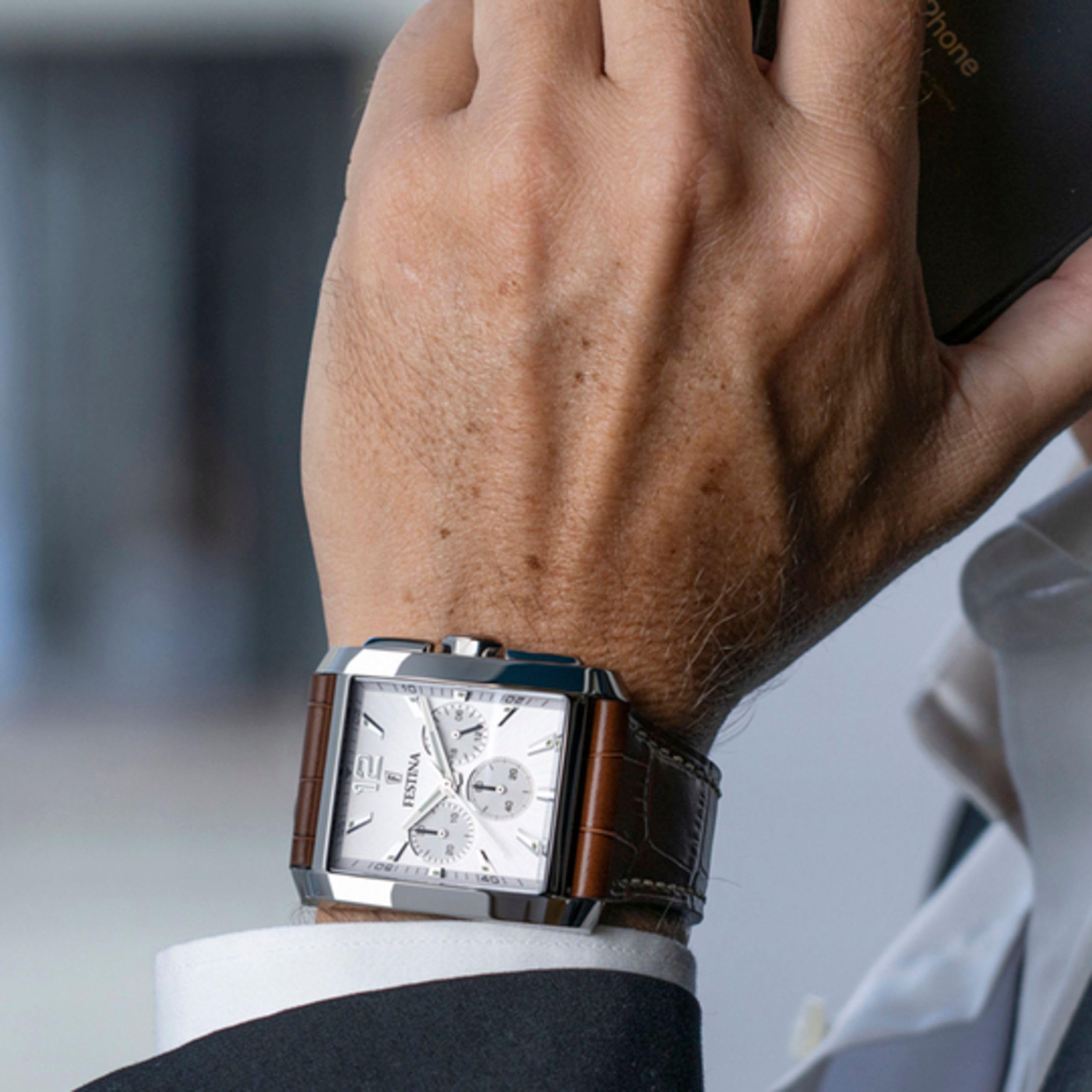Festina Reloj Hombre Analógico de Cuero - Movimiento de Cuarzo - Cronógrafo - Cristal Mineral de Alta Resistencia - Resistente al Agua 5 ATM Elegante F20636 On The Square