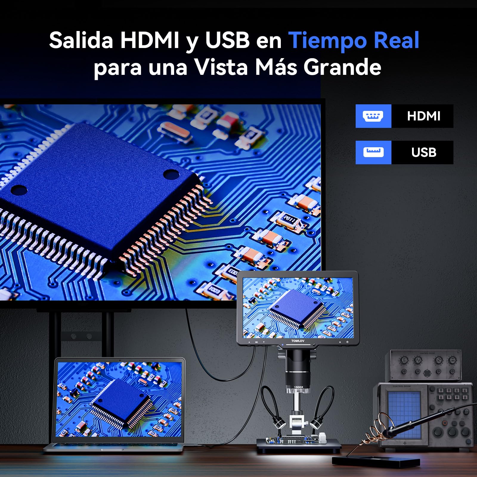 TOMLOV TriL110 3 Lentes Microscopio Digital 2K, Lupa para Monedas con Pantalla IPS de 10,1", Magnificación para Soldadura/Biología, 14 Luces LED, Compatible con PC/TV, 64GB