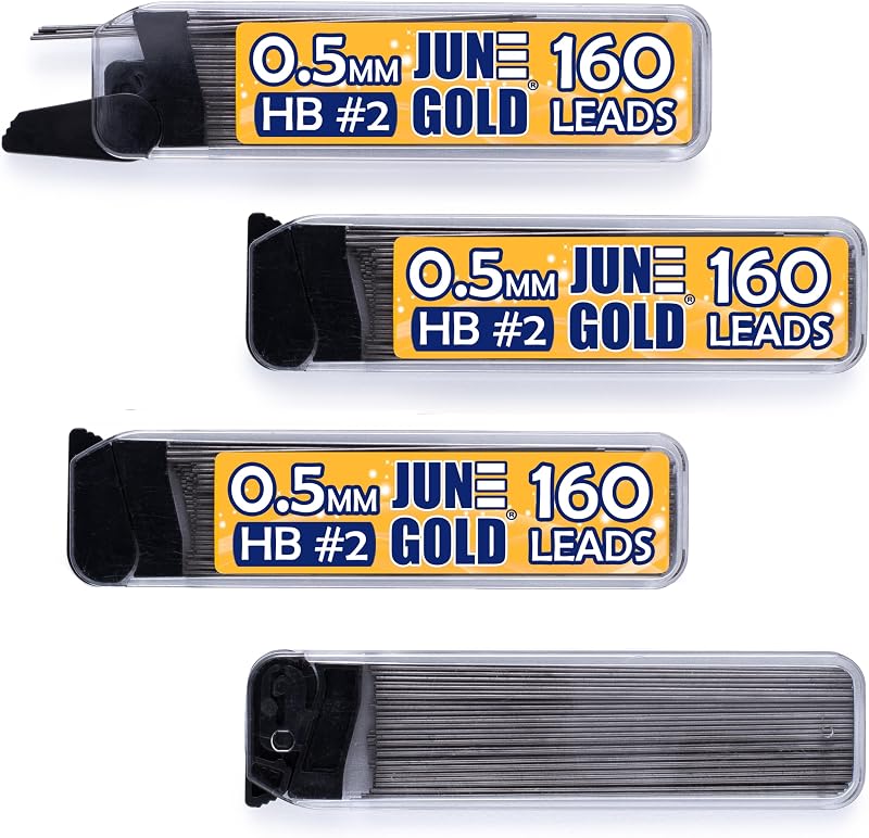 June Gold 0.5 mm, 640 Lead Refills, HB #2, 4 Dispensers/w 160 Pieces Each | Fine Thickness, Break Resistant Graphite, Elegant Dispensing Mechanism