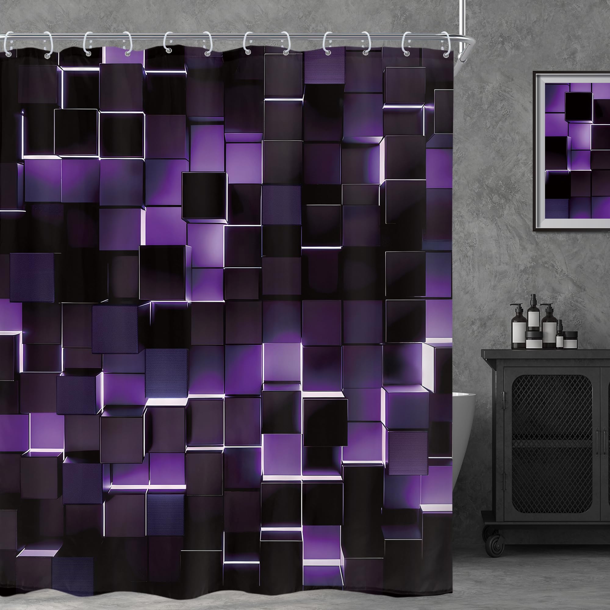 Riyidecor Black Purple Wall Shower Curtain 60Wx72H Inch Abstract Brick Modern 3D Gradient Design Futuristic Geometric Plaid Cubes Man Boys Cool