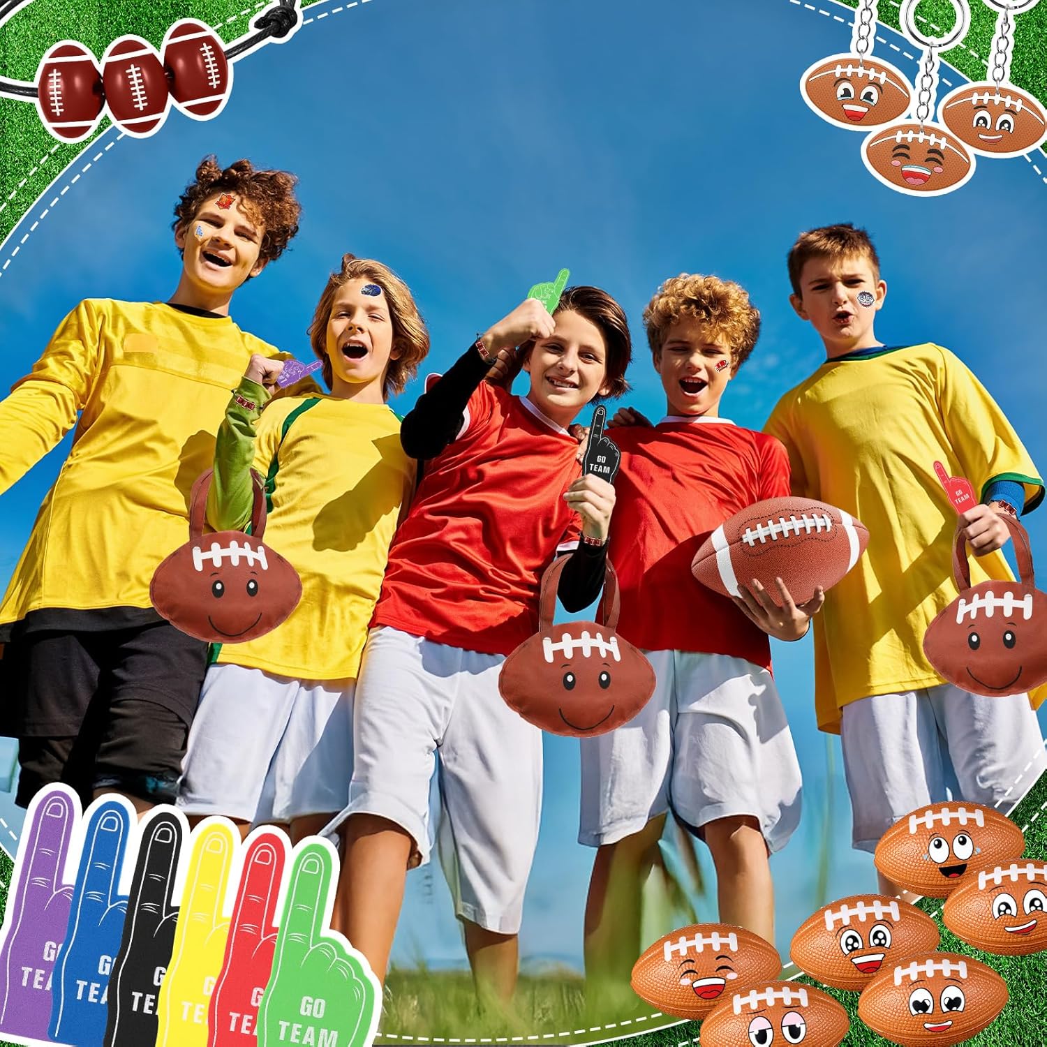 Maxdot 122 Pcs Football Party Favors Set Serve 12 Football Non Woven Goodie Bags Mini Face Stress Foam Finger Ball Keychain Bracelet Stickers bags for Kids Sports Birthday Party Supplies Gifts - Image 7