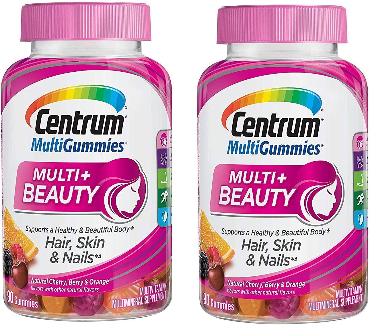 MultiGummies Multi+Beauty Supports a Healthy and Beautiful Body + Hair Skin and Nails in Natural Cherry Berry and Orange Flavors with Other Natural Flavors (90 Gummies) Pack of 2