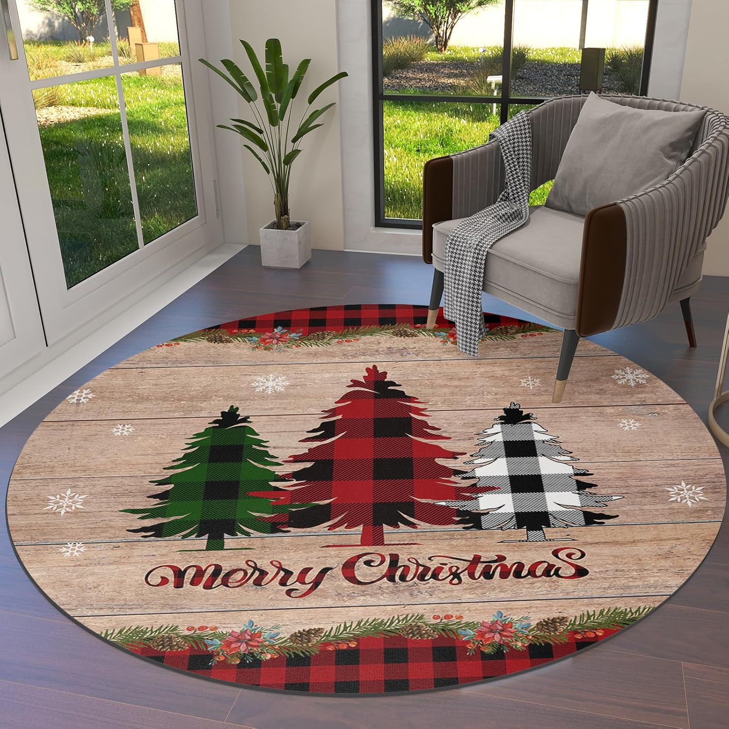 Buffalo Check Area Rug Round Rugs 3ft Merry Christmas Trees