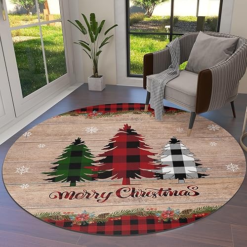 Alfombra redonda de búfalo de 4 pies, colección de árboles de Navidad, alfombra circular antideslizante y lavable, para niños, sala de estar,