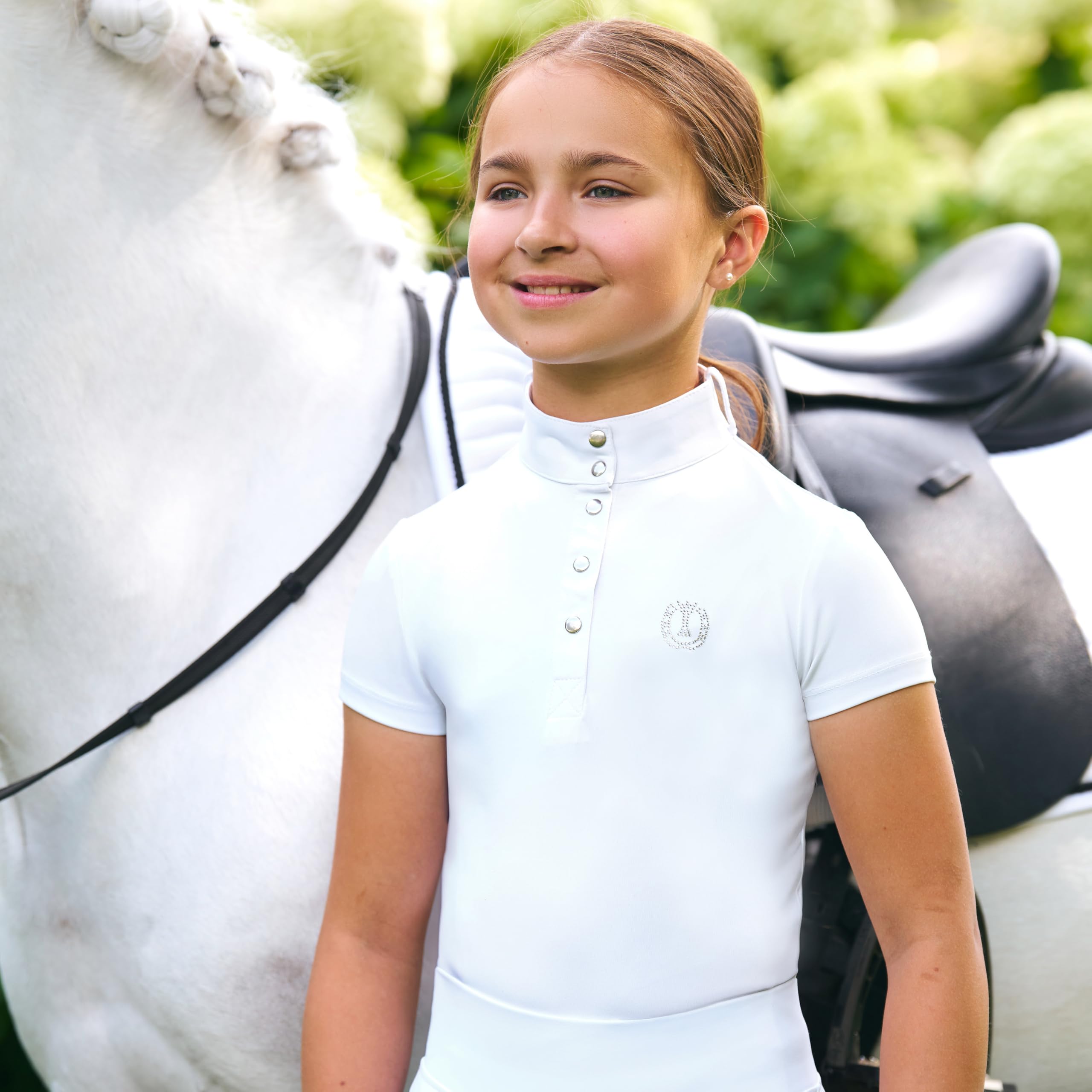 Imperial Riding Kinder Turniershirt IRH Basic, Kurzarm Reitshirt mit Stehkragen, Polo-Knopfleiste und Strass-Logo