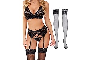 Womens Sexy Lingeries Set with Floral Lace, Bra, Panty, Garter Belt, and Women's Lace Stockings