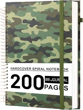 Yoment B5 Hardcover Spiral Notebook, College Ruled Journal, 200 Pages | Green camouflage cover, thick paper, lay-flat spiral binding, pen holder, elastic band and inner pocket for work and school.