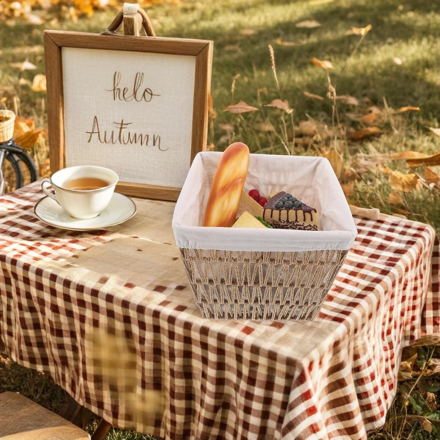 Cabilock Handwoven Bread Basket with Cotton Lining Paper Rope Storage Basket for Bread Serving and Kitchen Counter Organization for Table and Picnic Use