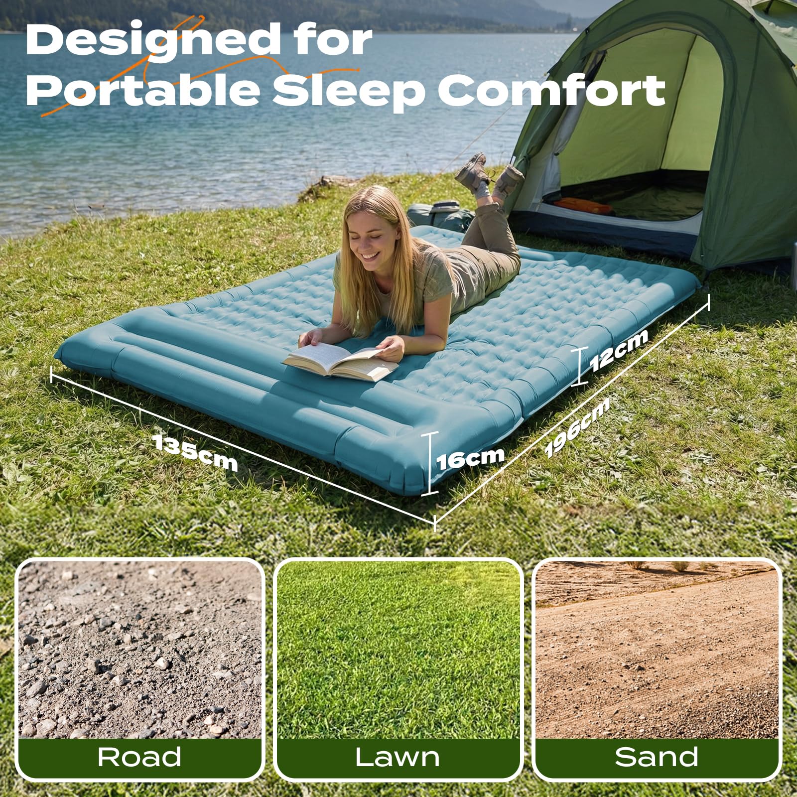 Materassino da Campeggio per Due con Pompa a Pedale, Autogonfiabile Materasso Gonfiabile XXL, Gonfiabile doppio con Cuscino, Verde acqua, 196x135x12cm Oversized (Motivo a quadri)