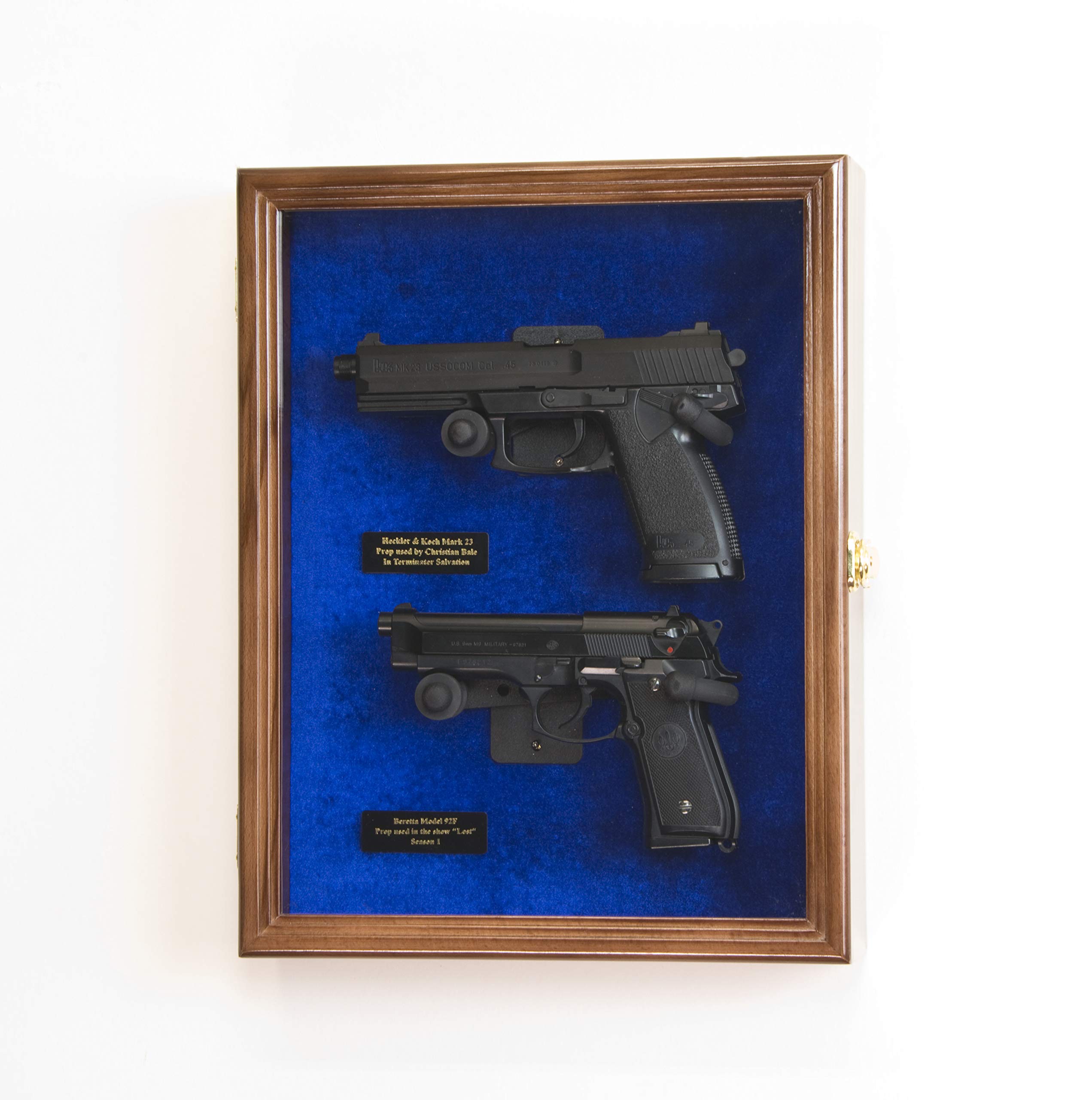 Large/Double 2 Pistol Handgun Revolver Gun Display Case Cabinet Rack Shadowbox (Walnut Finish, Blue Background)