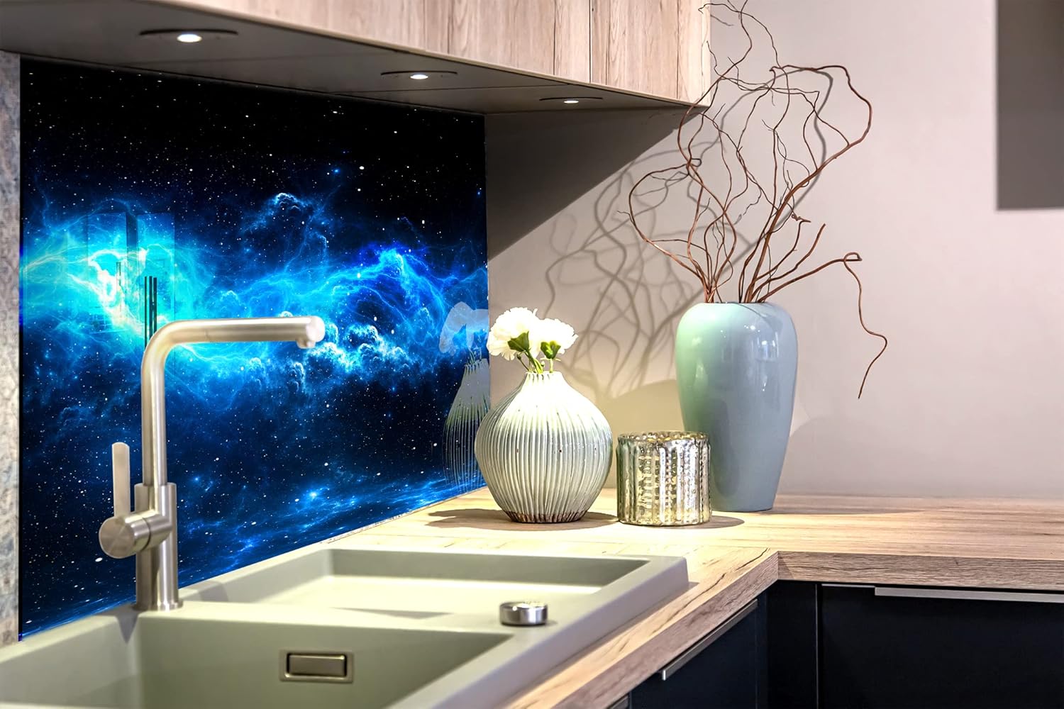 Myphotostation Dark Blue Clouds Tempered Glass Backsplash 16x16'' Stars Space Splashback for Kitchen Decor Bathroom Wall Protector Stove Backsplash Panel Tile Glass Splashback