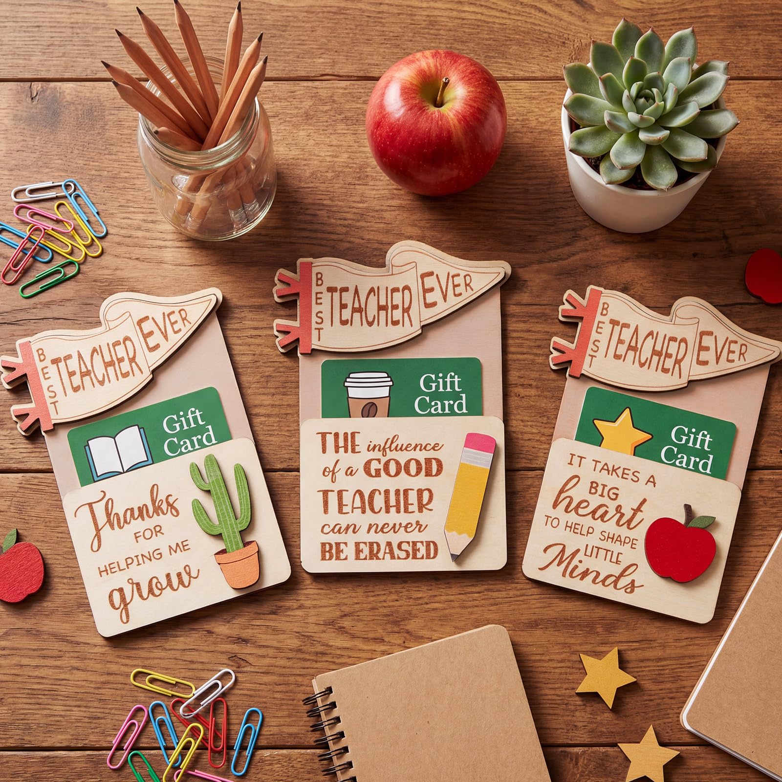 Junkin 3 Pcs Graduation Gifts for Teacher Cards Holders Gift Box Shaped Wooden Money Holders Graduation Coffee Cup Card End of Year Teacher Gift Card Holder for Teachers End of Year