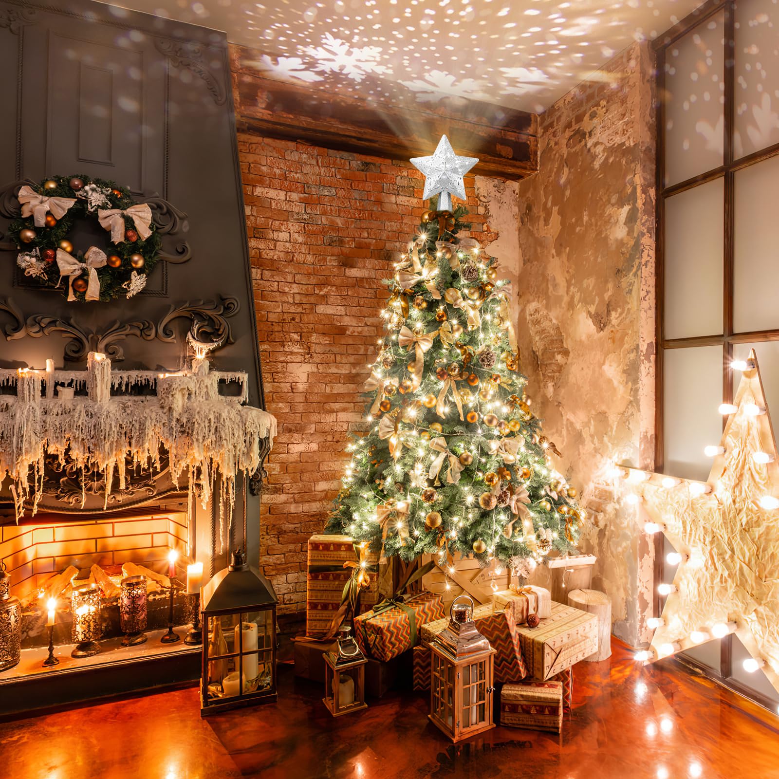 Proyector de decoración para árbol de Navidad, estrella LED iluminada, proyector de estrella plateada con purpurina con proyección de Navidad giratoria de copo de nieve para decoración de árbol de