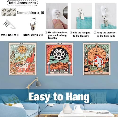 Vista 4 de ZeeDix Paquete de 4 tapices de cartas del tarot para colgar en la pared, lindos tapices espirituales bohemios hippie, con el sol y la luna
