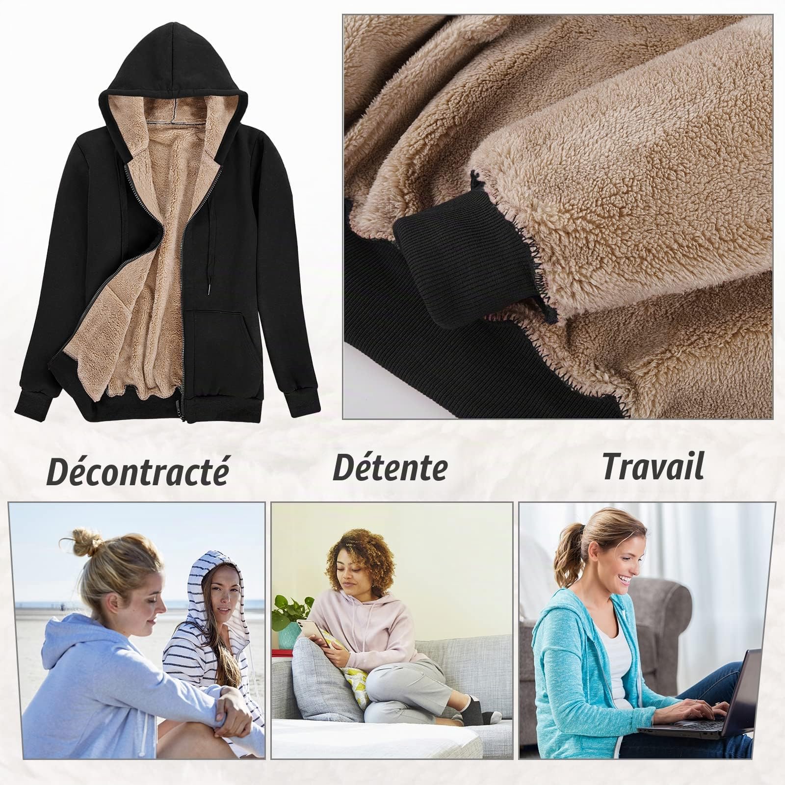 Niwicee Veste Polaire Femme Sweat À Capuche Doublure Polaire Chaud Doublure Zippée À Capuche Hoodies Sweatshirt Manches Longues Femme Sportsweater Fleece Automne/Hiver