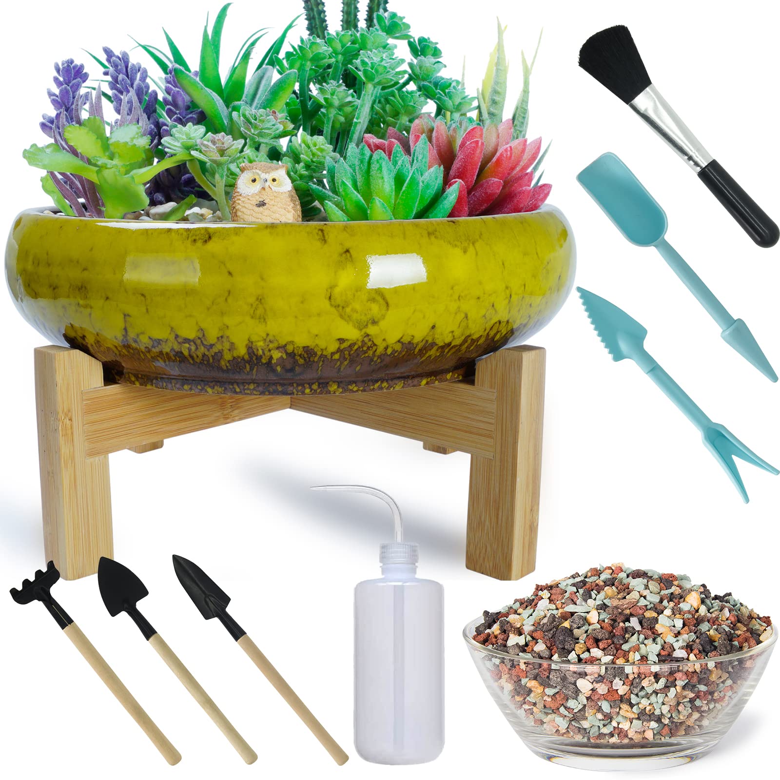 ARTKETTYSucculent Plants Pots, Ceramic Cactus Plants Pots for Indoor/Outdoor Flower Plants, 25cm Large Shallow Bonsai Pot with Drainage Stand Plus Succulent Planting Tools Set & 2.2lb Mix Pebbles