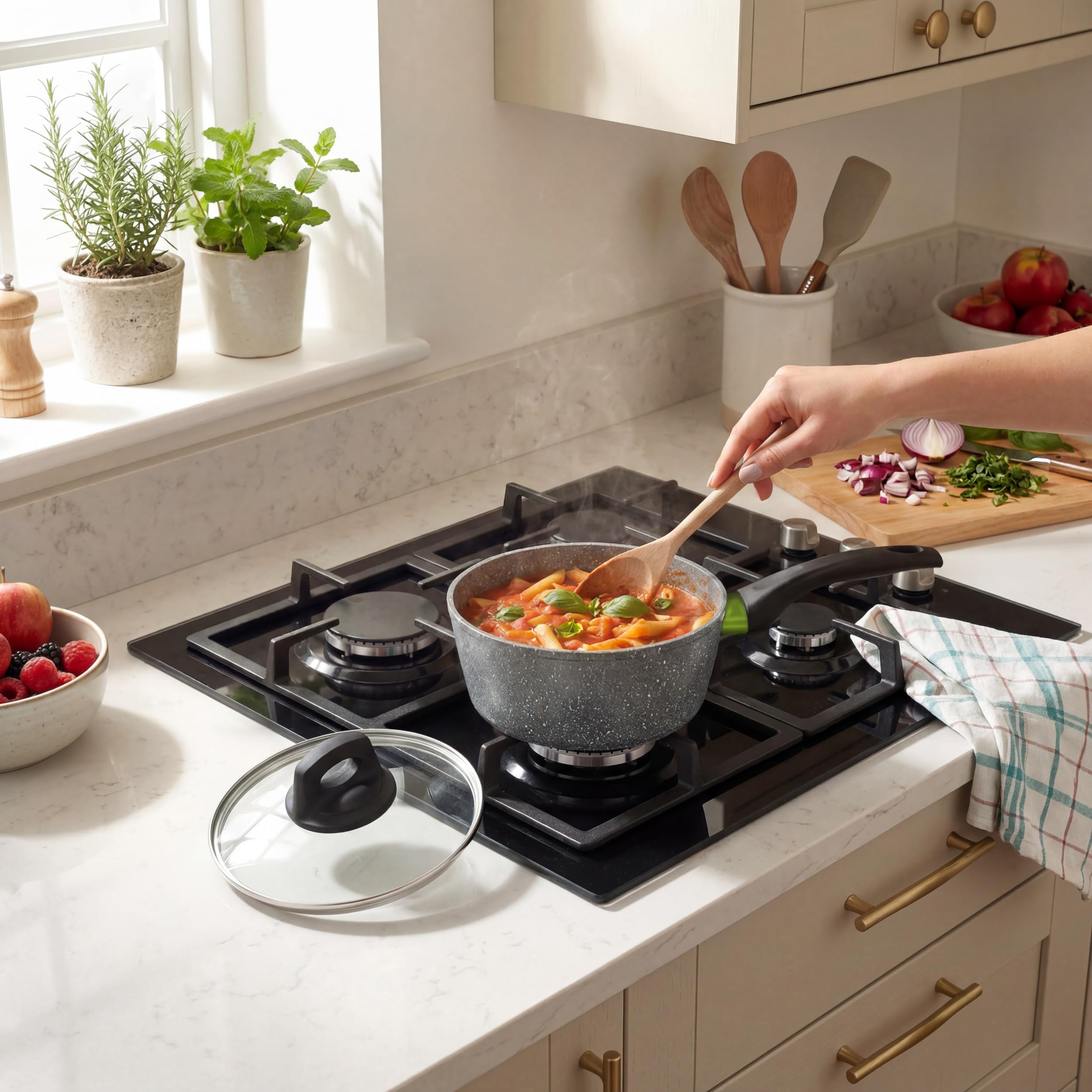 Salter Go Green Thermo Collar 3-częściowy zestaw patelni – technologia wskaźnika ciepła, bez PFAS, rondle 16, 18, 20 cm z pokrywkami i otworami wentylacyjnymi, ceramiczna powłoka nieprzywierająca