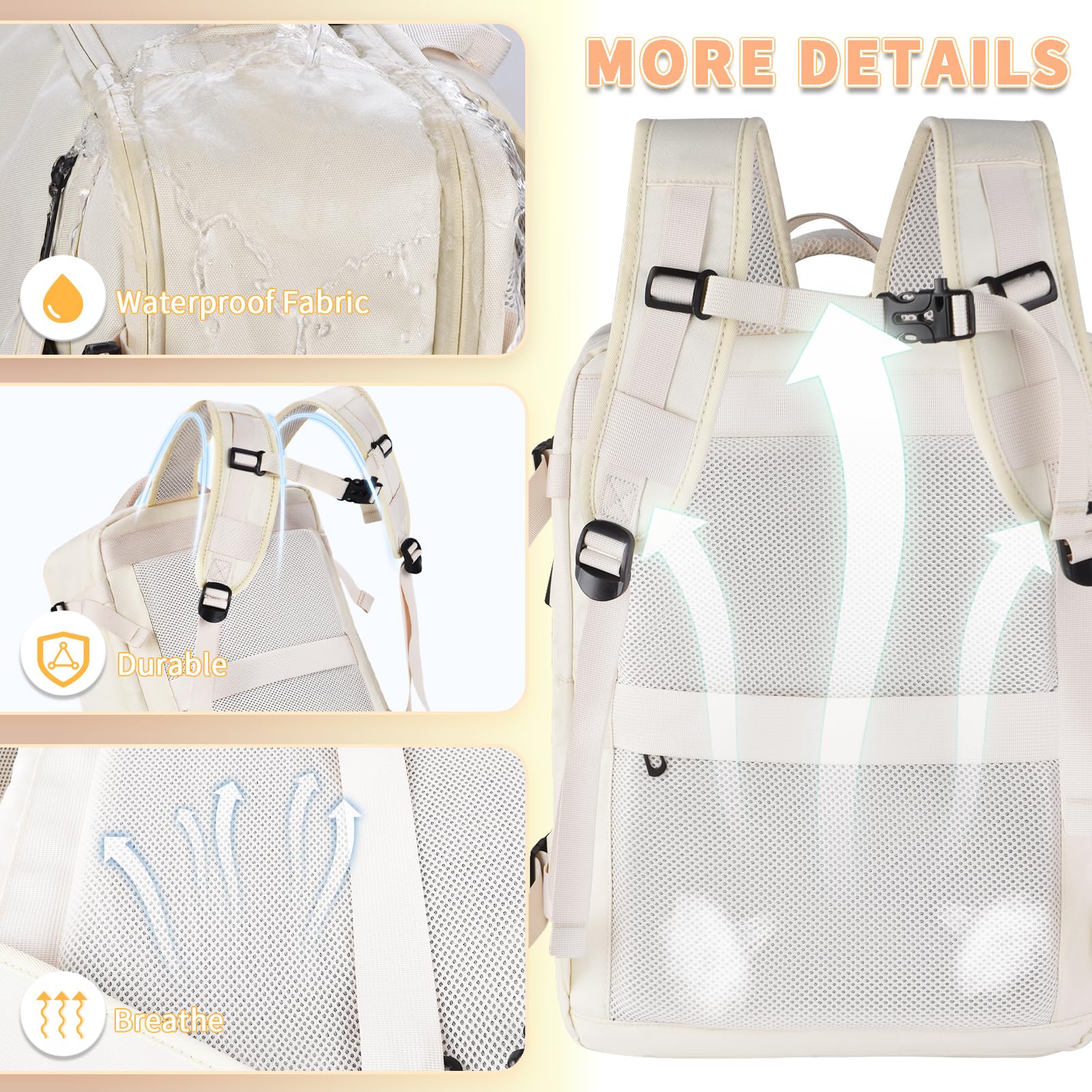 Leyrica Zaino da Viaggio per Ryanair/Wizzair 40x20x25 Bagaglio a Mano Unisex Borse da Cabina Zaino per Laptop 15 pollici Daypack Casual Zaino Università/Lavoro Impermeabile. (Beige)