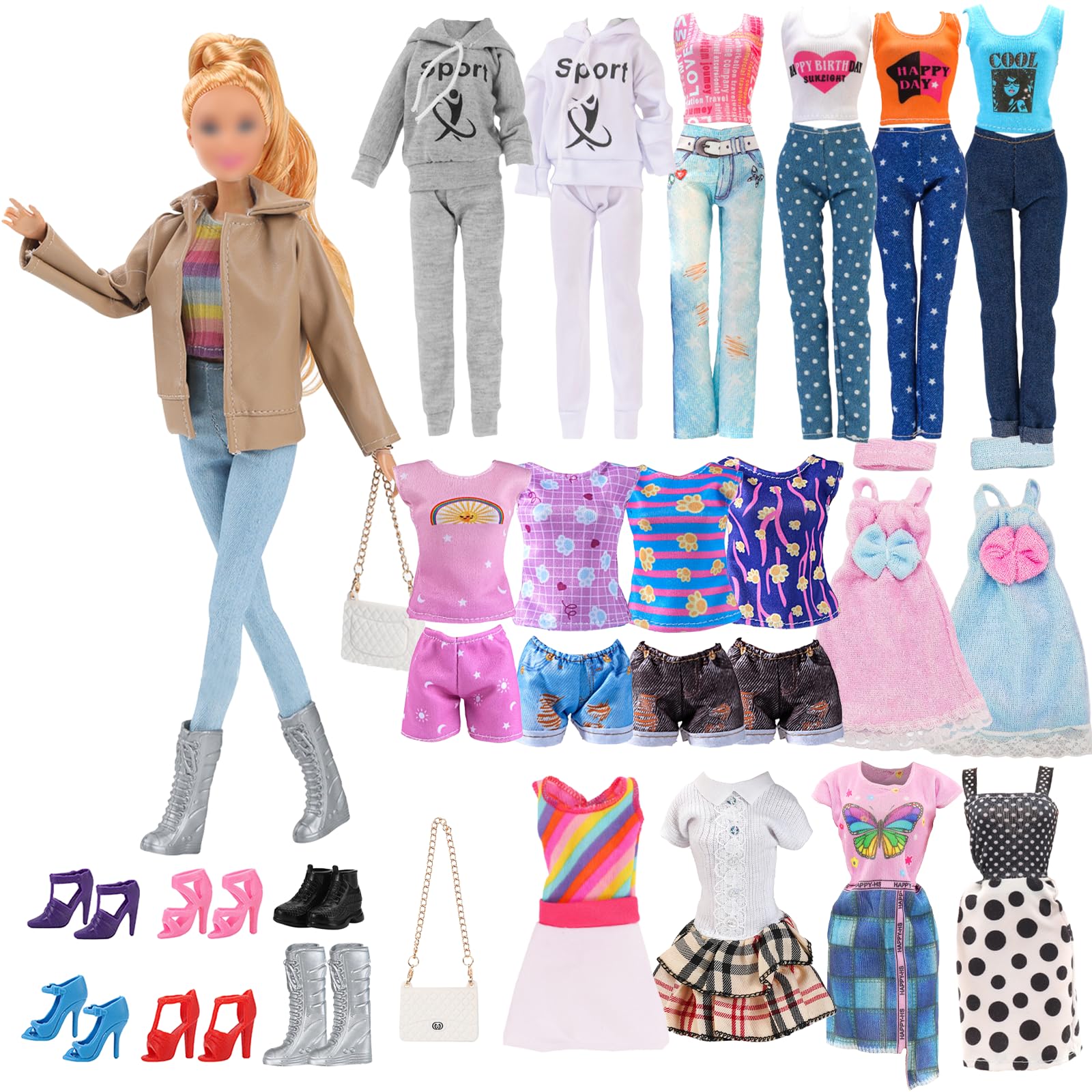 21 Pcs Doll Clothes for 11.5 Inch Dolls Compatible with Barbie 6 Outfits Leather Jacket Set Sportswear Casual Wear Dress Set Retro Denim Set Fashion Set Loungewear 6 Shoes 1 Bag for Girls Gift