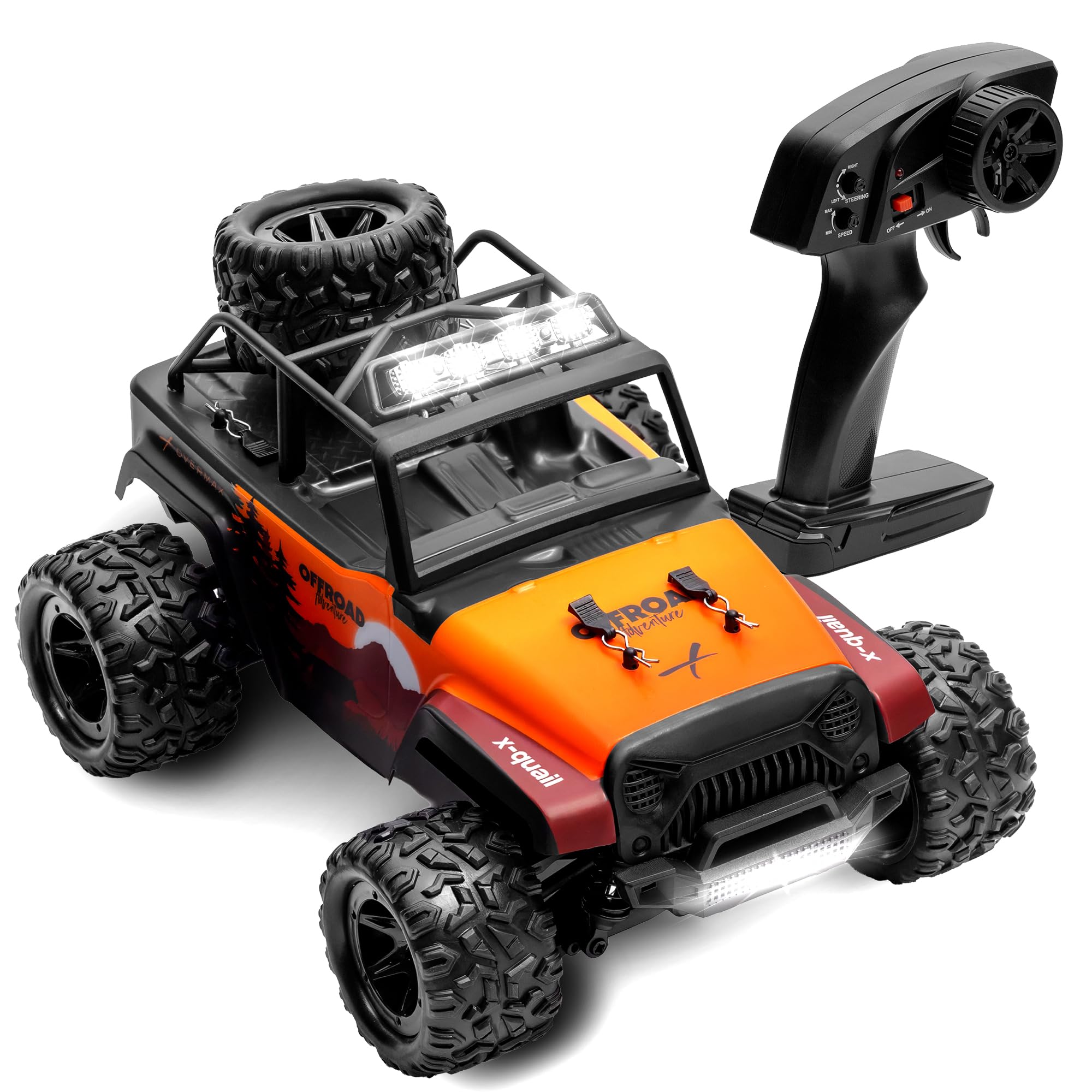 Lionelo Overmax X-Quail zdalnie sterowany samochód od 6 lat, RC Auto 4WD 1:18 do 25 km/h, Offroad Monster Truck z 2 akumulatorami, czas jazdy 40 min, LED, funkcja Wheelie, 2,4 GHz RC Crawler