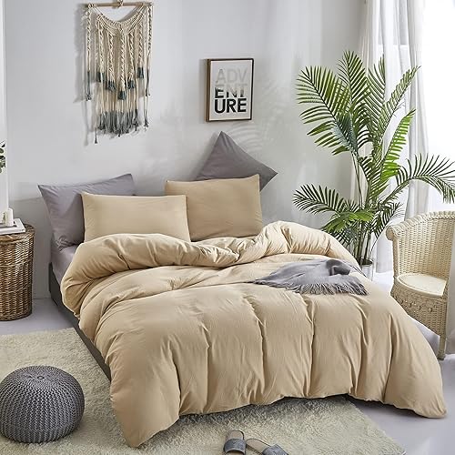 Miniatura 7 de CLOTHKNOW Juego de edredón color champán, juego de ropa de cama tamaño King, color beige, edredón de color marrón claro, juego de ropa de cama de 3
