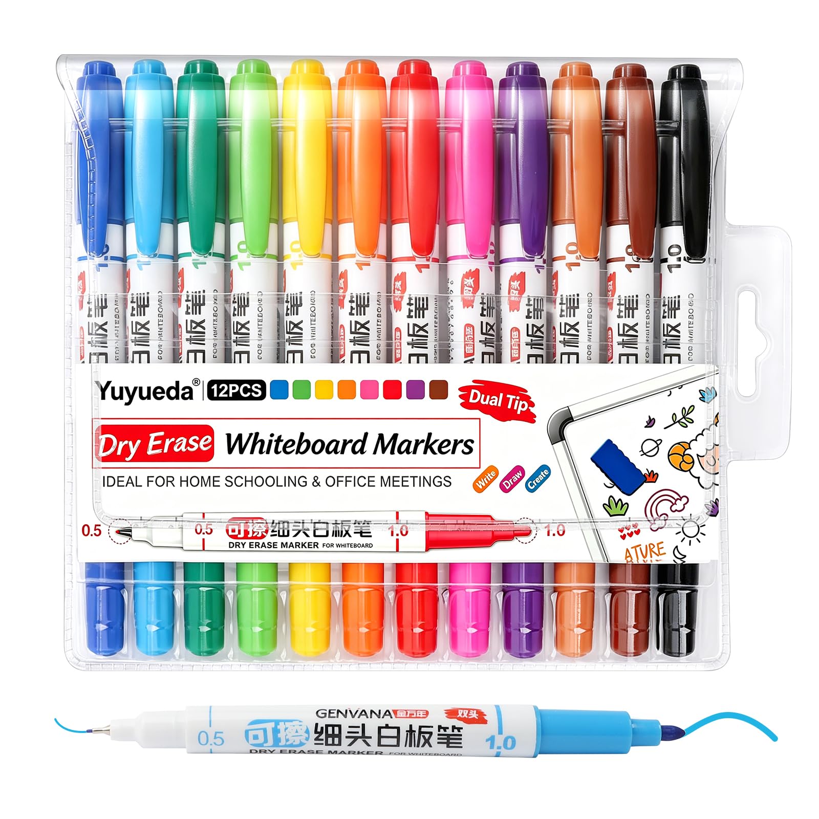 Yuyueda 12 Pcs White Board Pens Colour,Dual Tip Whiteboard Markers Erasable