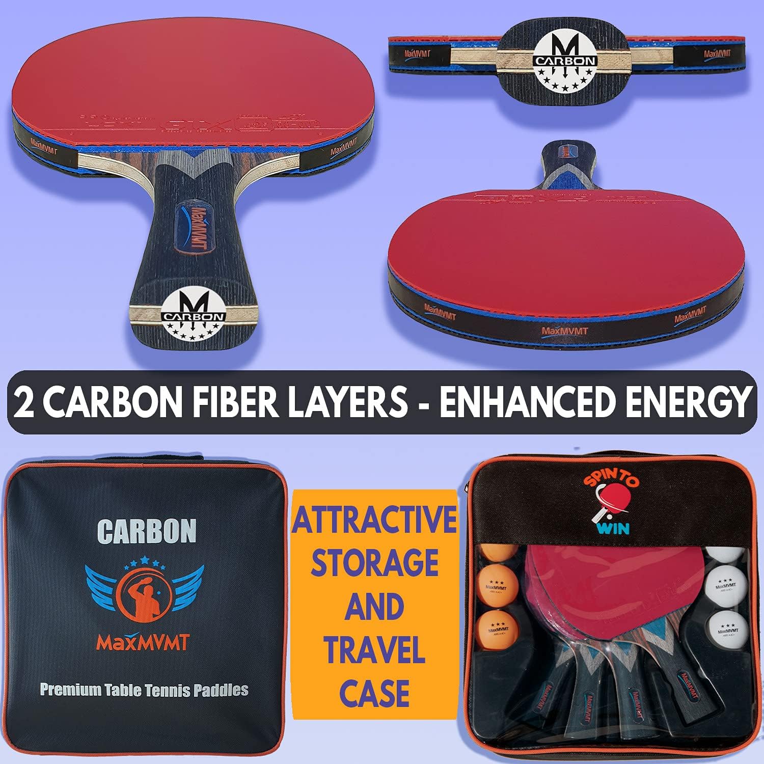 Ping Pong Paddle Set of 4 - Carbon Fiber 7 Ply Rackets - 2 Wristbands - 8 Balls - 1 Rubber Cleaner Sponge - Premium ITTF Approved Rubber - Complete 4 Player Table Tennis Setup - Carry Case
