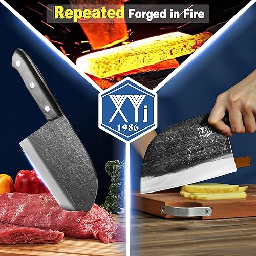 Miniatura 9 de XYJ Cuchillo de chef serbio forjado hecho a mano de 6.7 pulgadas, cuchillo de carnicero de 6.2 pulgadas para acampar y cazar con mangas de cuero