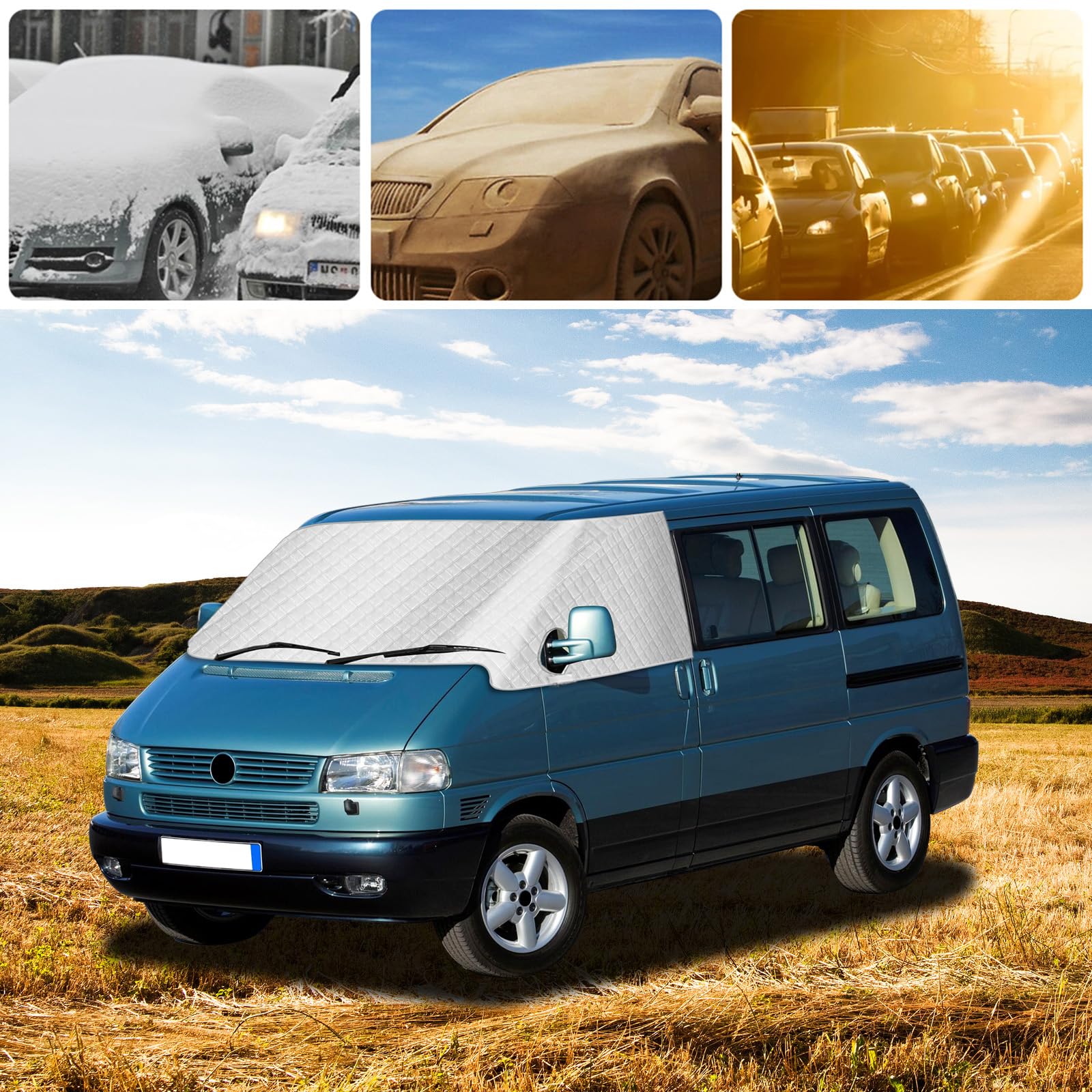 Auto Windschutzscheiben Abdeckung für VW T4 1990-2004, Faltbare Externe Thermo Scheibenabdeckung Windschutzscheibenabdeckung, Blockiert UV Strahlen Frontscheibenabdeckung
