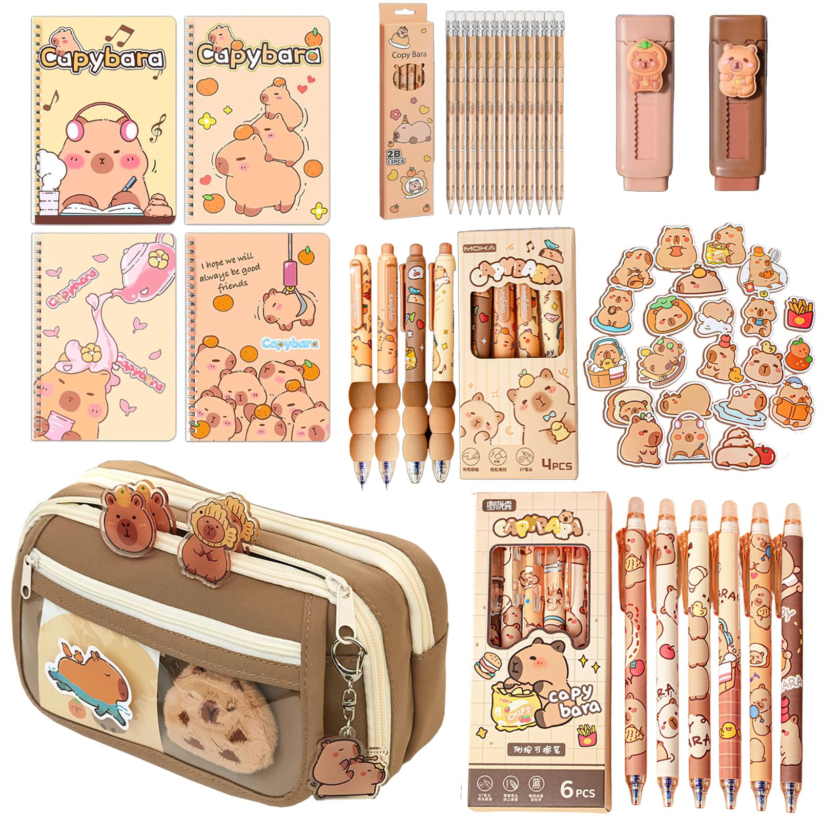 Cute Capybara Stationery Set - Large Pencil Case, 4 A5 Spiral Notebooks, 10 Ballpoint Pens (2 Styles), 12 Pencils, 2 Erasers - Perfect Back-to-School