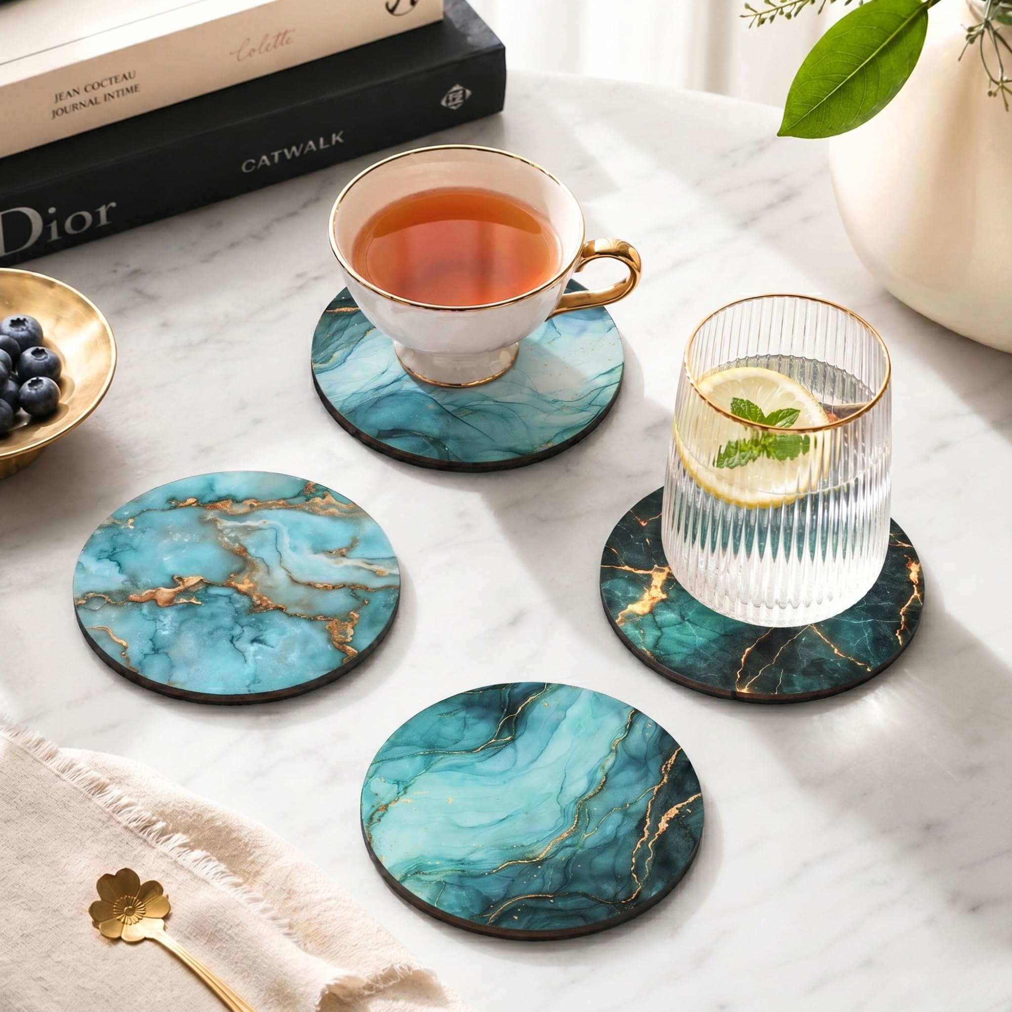 GKD Wooden Marble Coasters Set of 4 | Glossy MDF Drink Coasters for Tea, Coffee, Wine Glass | Heat Resistant Table Coaster Set | Home, Dining, Office Use | Made in India-image-46
