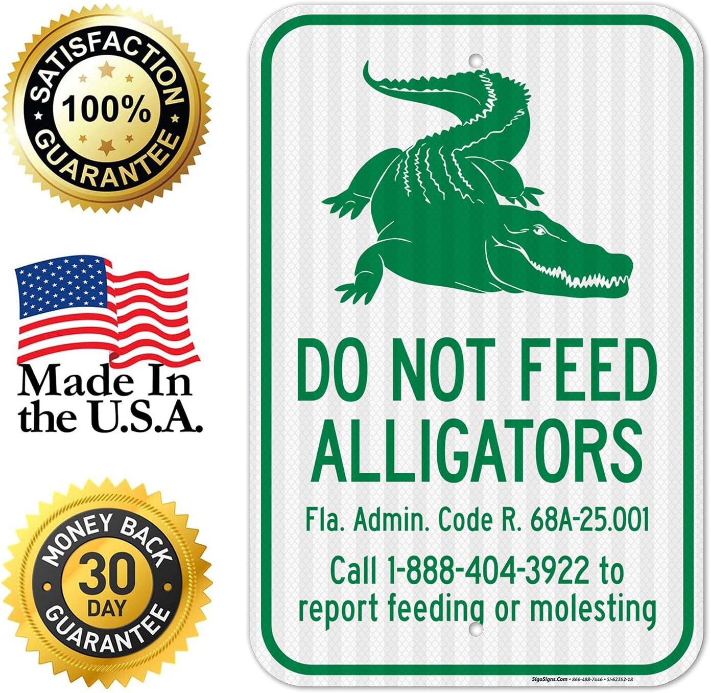Florida Alligator Warning Sign Do Not Feed Alligators FLA Admin Code R 68A2500 Sign, 12x18 Inches, 3M EGP Reflective .063 Aluminum, Fade Resistant, Made in USA