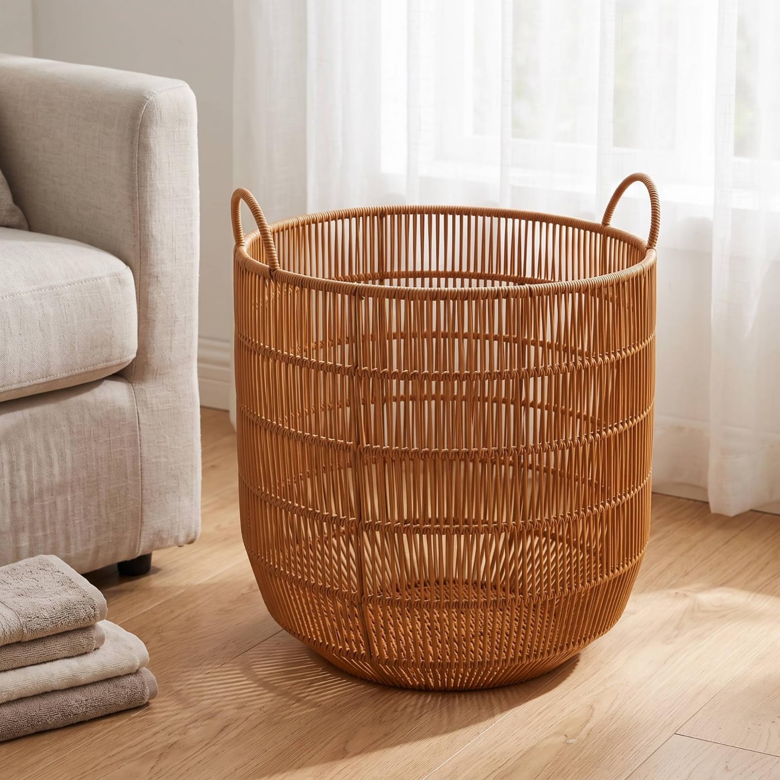 Cesto in Rattan Traspirante Contenitore | Decorativo, Robusto, Cesto Portaoggetti con Manici, per Soggiorno, Neonati