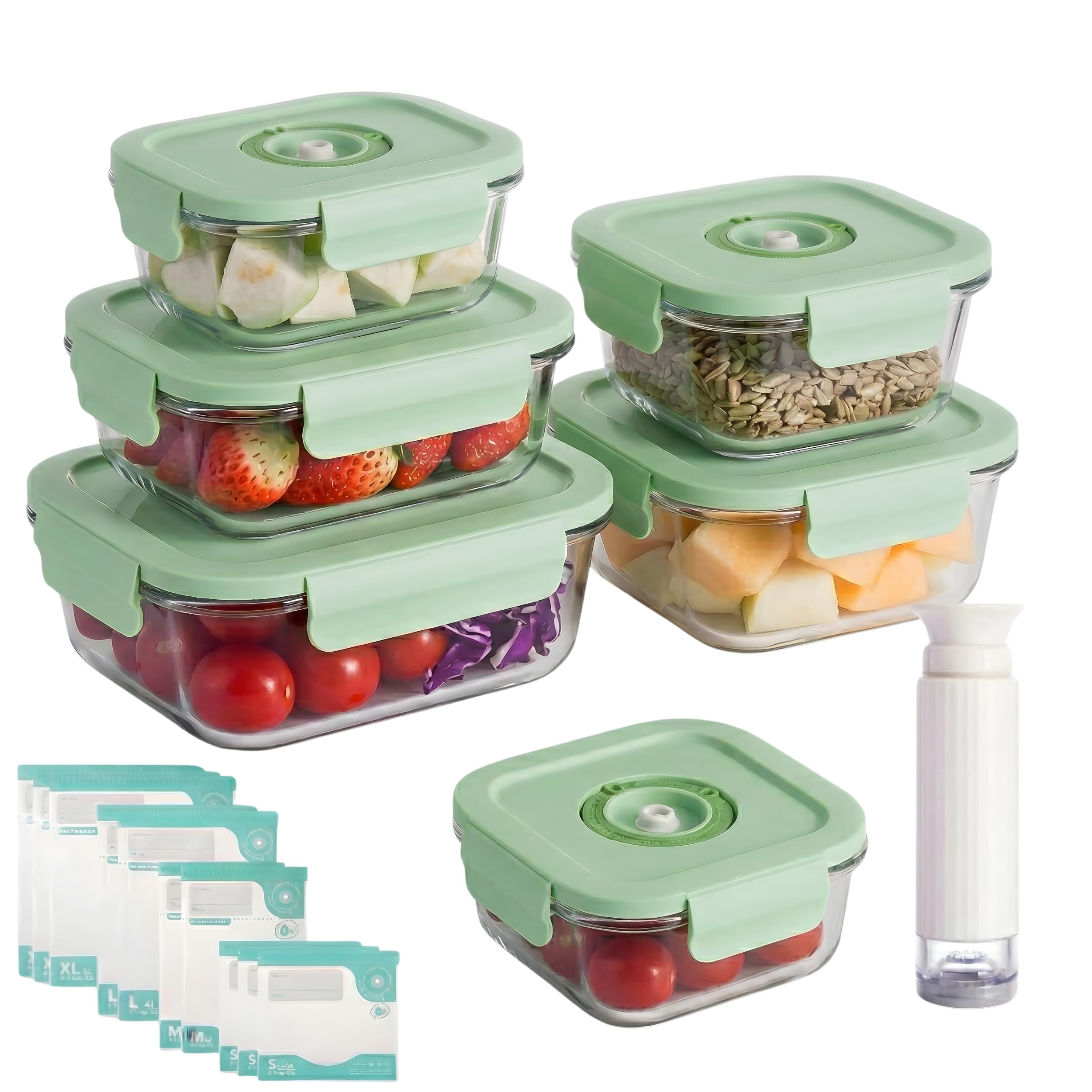 Glas Vakuumversiegelbares Behälter-Set 6 Behälter, 10 Beutel, Handpumpe