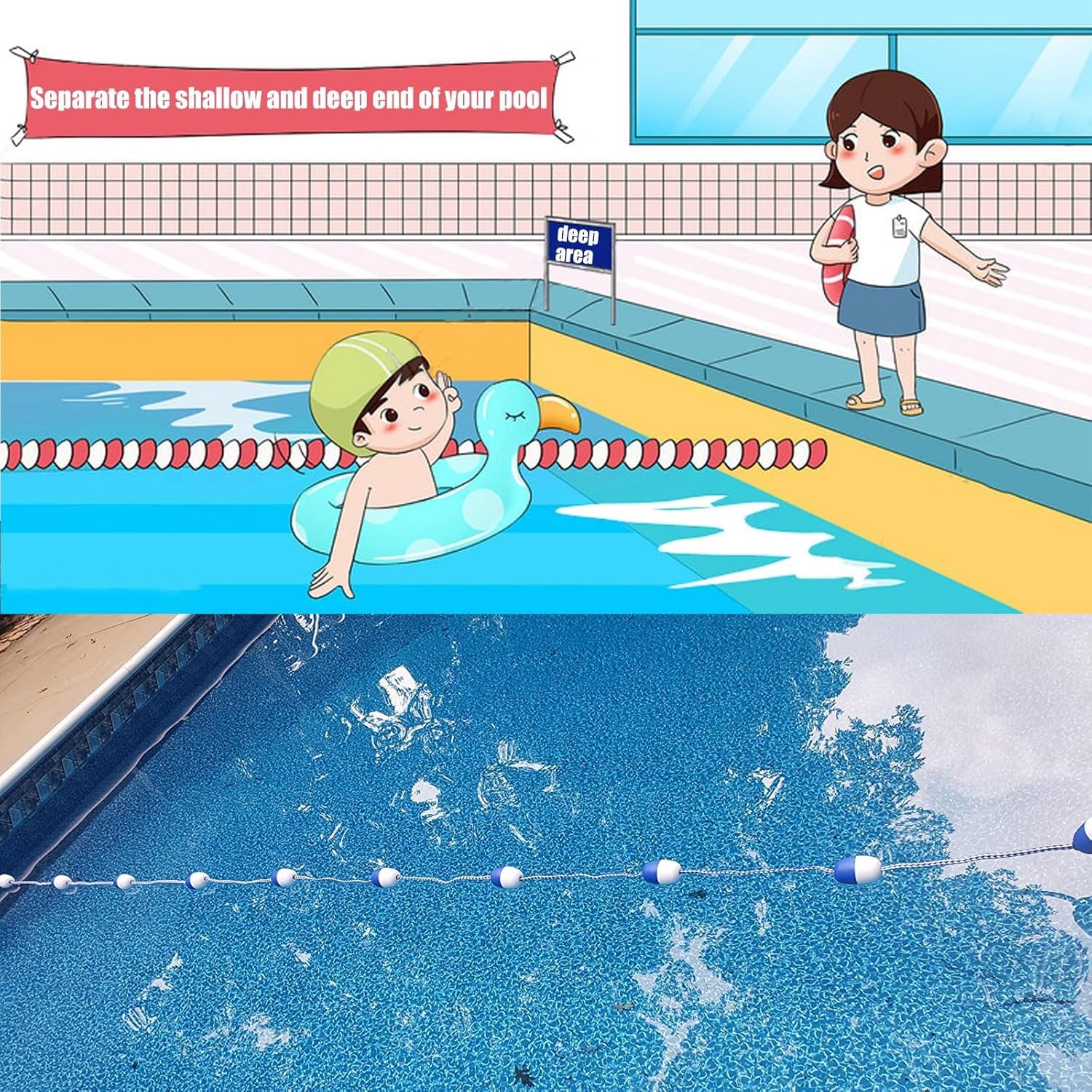 Kanduo Schwimmbecken-Sicherheitsseil mit Boje Schwimmbad-Trennseil mit Schwimmkörpern, Schwimmbahnseil mit Edelstahlhaken(50ft/15m)