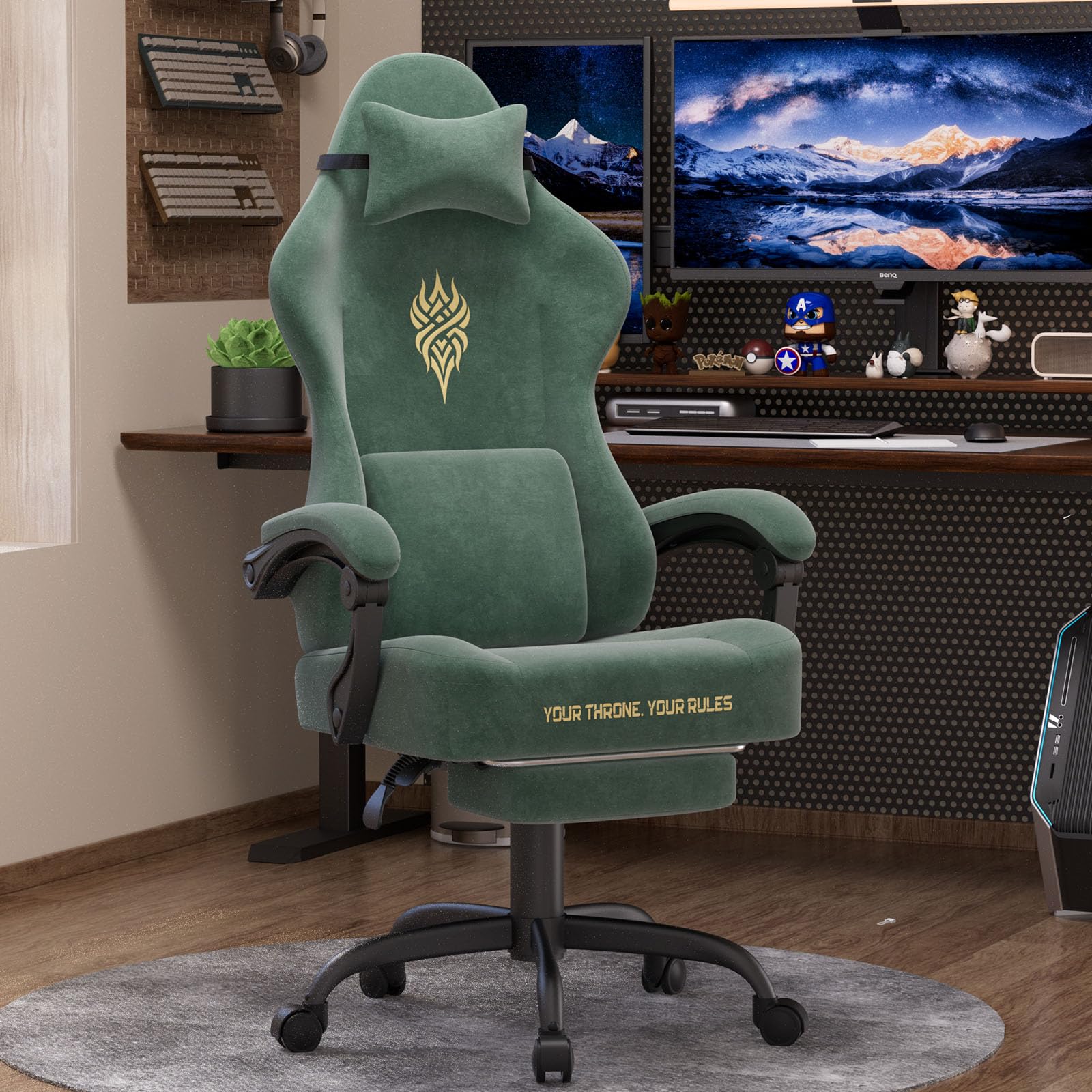 Verdego Chaise Gaming Ergonomique, Fauteuil Gaming avec Support Lombaire Massante, Repose-Pieds Télescopique, Appui-Tête, Tissu Velours, Inclinable 125°, Chaise Gamer Réglable en Hauteur (Vert)