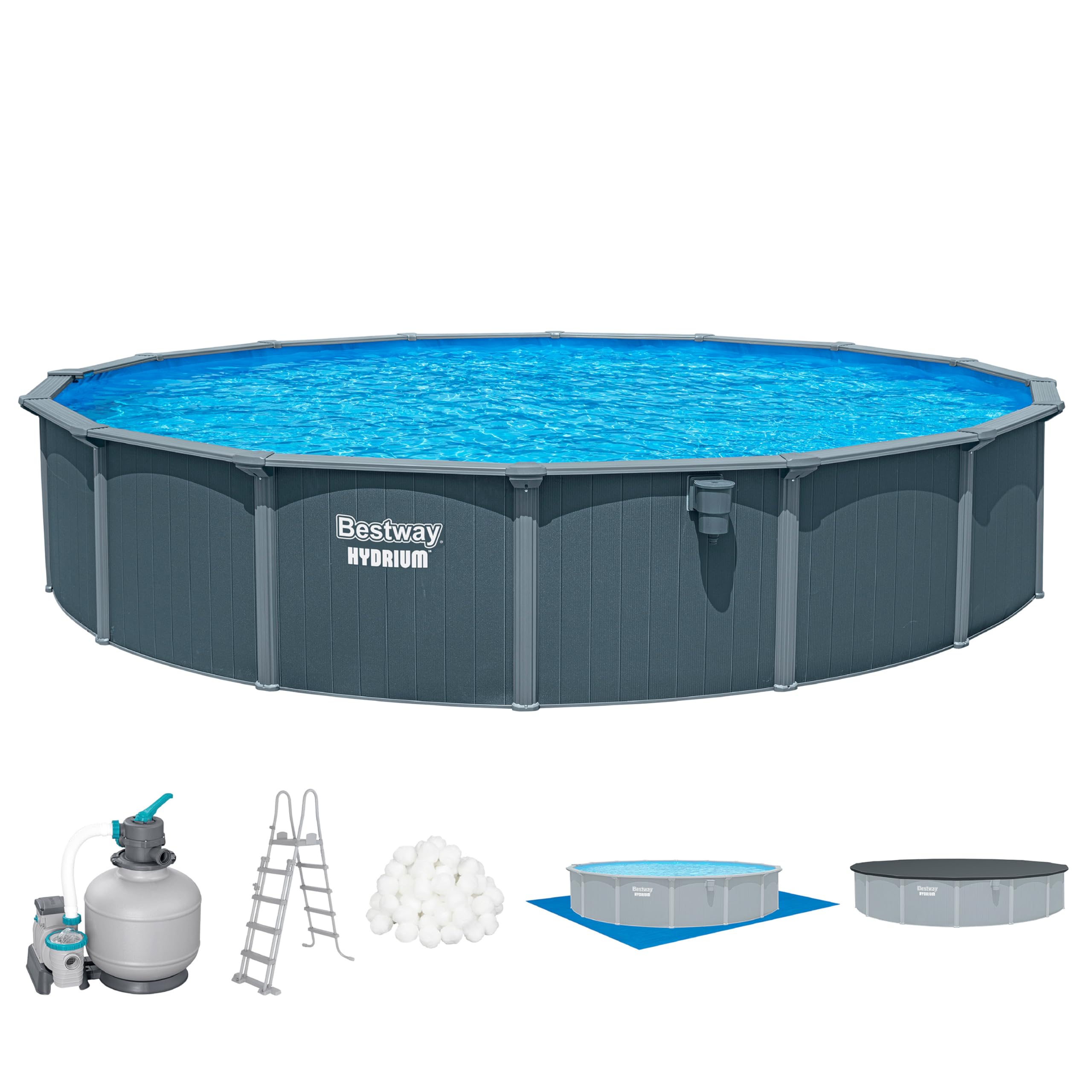 Bestway Hydrium Stahlwandpool Komplett-Set rund 732 x 132 cm Holz-Optik Grau XXL Gartenpool mit Sandfilteranlage