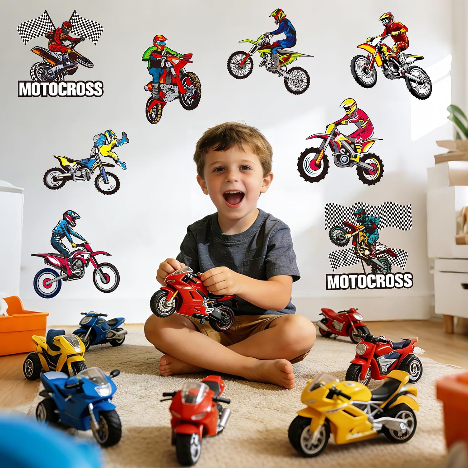 Motocross Birthday Party Decorations - Dirt Bike Door Banner Porch Sign, Extreme Sports Checkered Flag Paper Cutouts Hanging Decor for Boys Room, Garage, Man Cave, 10 Pcs with Glue Dots & Ropes