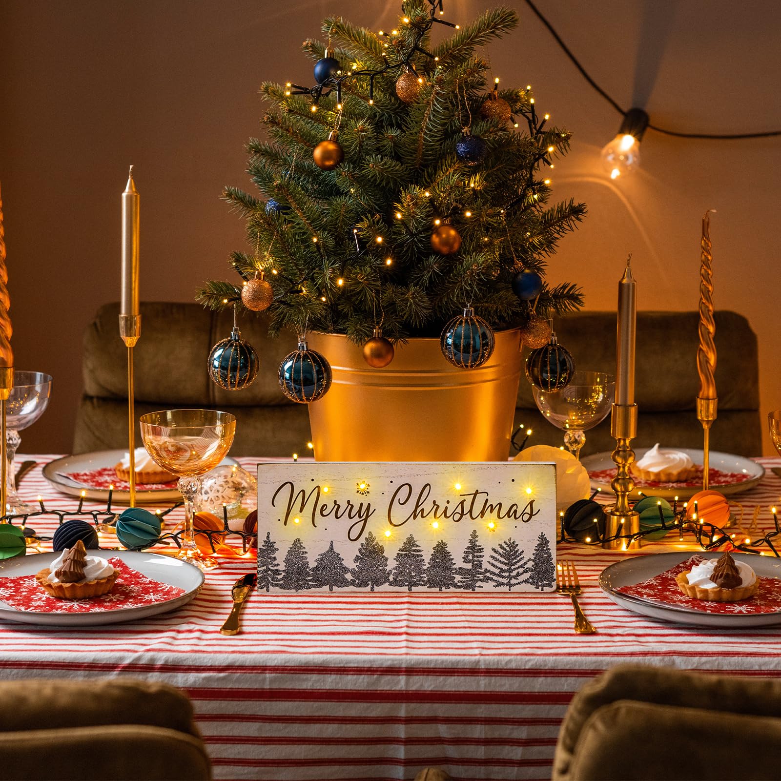 LED Lighted Wooden Christmas Sign With Timer - Rustic Farmhouse Tabletop Decoration "Merry Christmas" - View #4