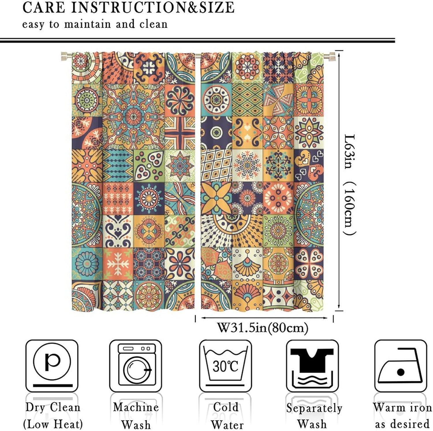 Boho Mandala Floral Kitchen Curtains Bohemian Colorful Abstract Geometric Flowers Aesthetic Printed Rod Pocket Blackout Window Drapes for Bedroom Living Room W31.5xL63in 2 Panels