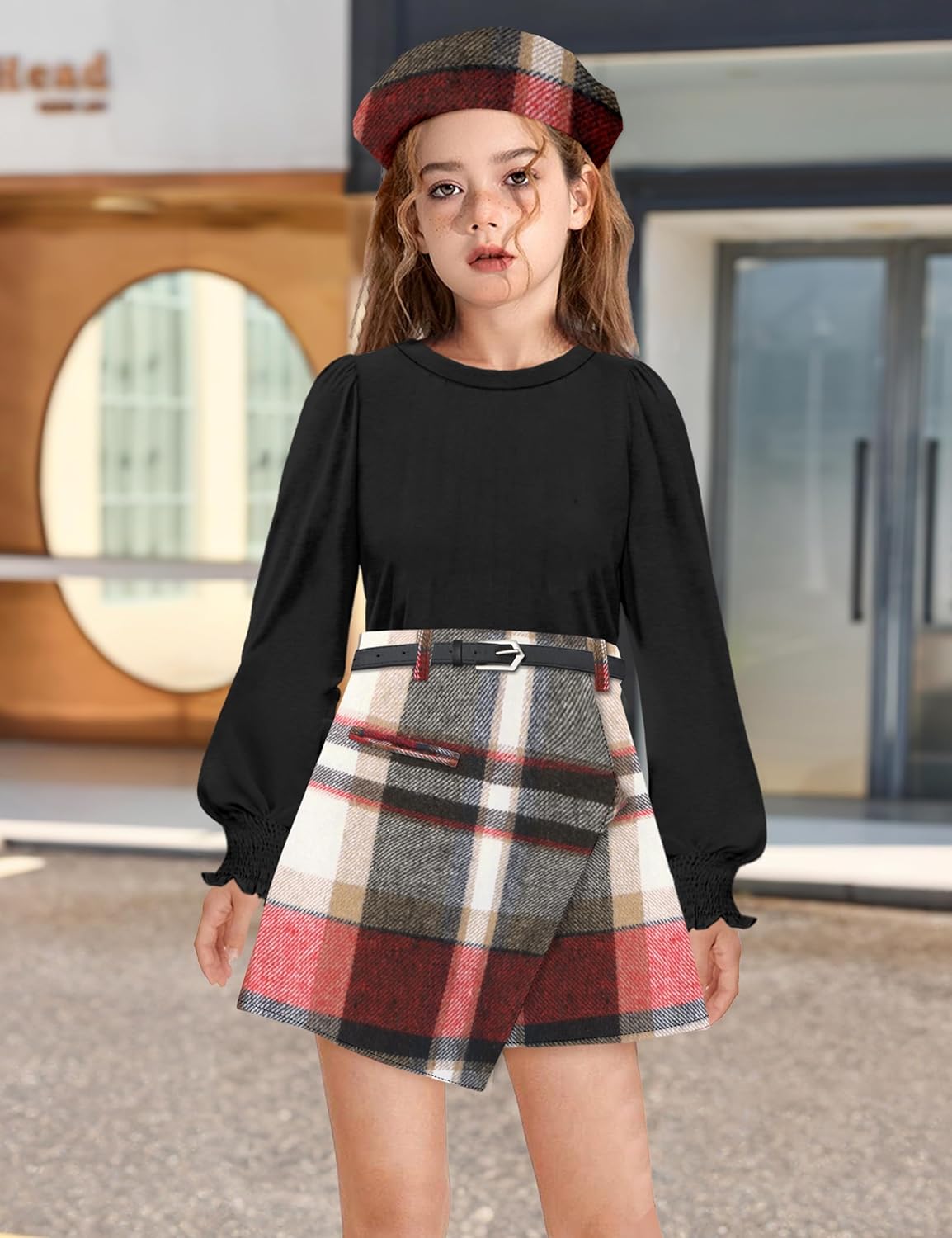 AGAPENG Girl Skirt Sets Smocked Cuffed Fall Outfits Puff Sleeve Tops Plaid Skirt Shorts Adjustable Belt Winter Clothes - Image 2