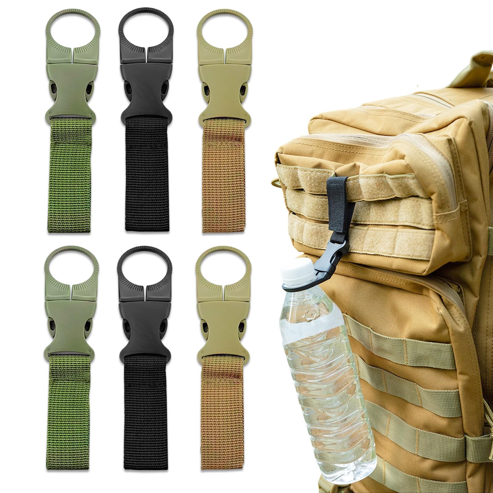 Qusmeiyici 6PCS Hanging Water Bottle Clip for Backpack, Portable Hanging Bottle Buckle, Gear Nylon Webbing Strap Clip for Outdoor Cycling Camping Hiking Traveling
