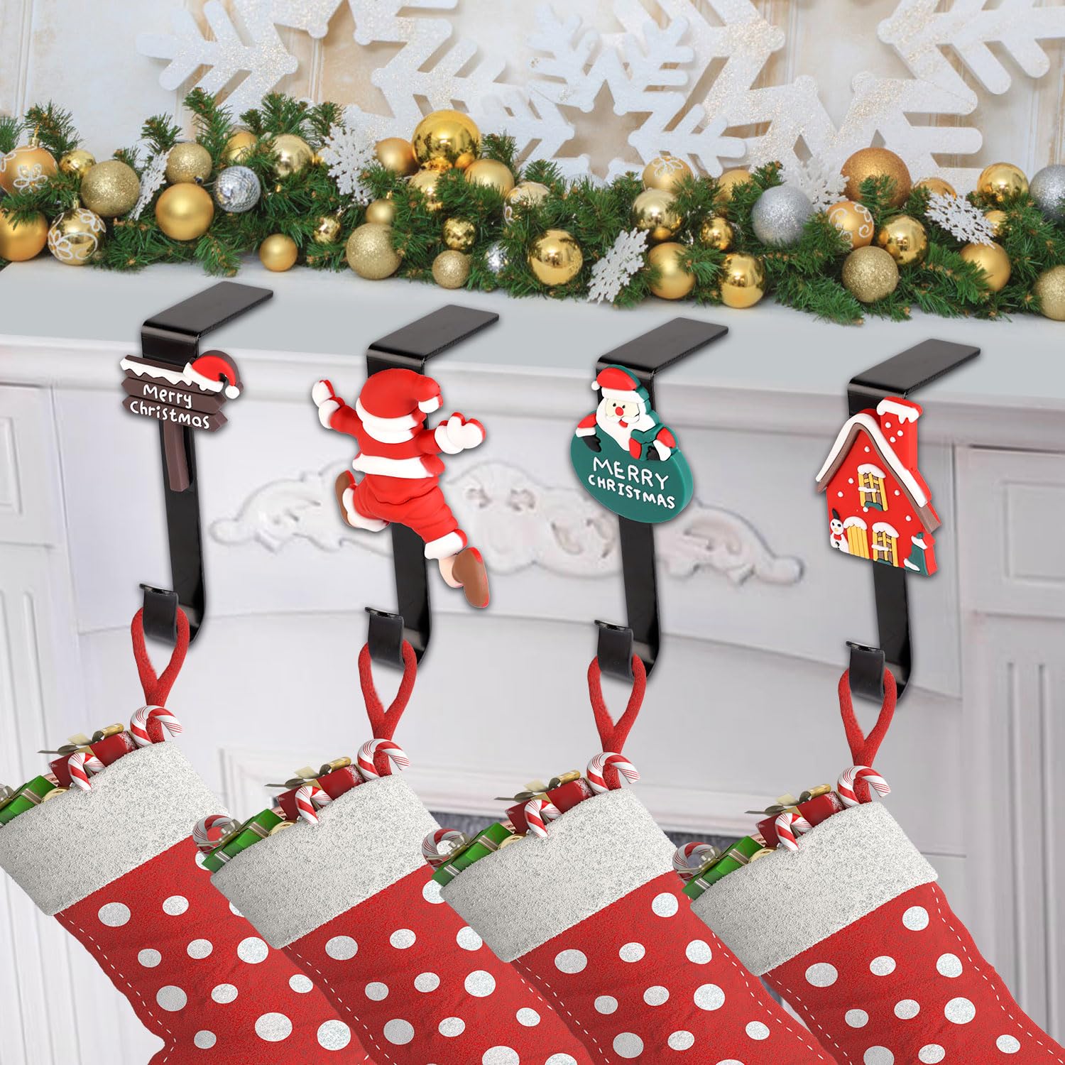 lasuroa 4 Piezas Soportes para Calcetines Navideños, Papá Noel Casa Ganchos para Medias de Chimenea Perchas para Medias de Chimenea Antideslizantes para Navidad vacaciones Fiesta Decoraciones