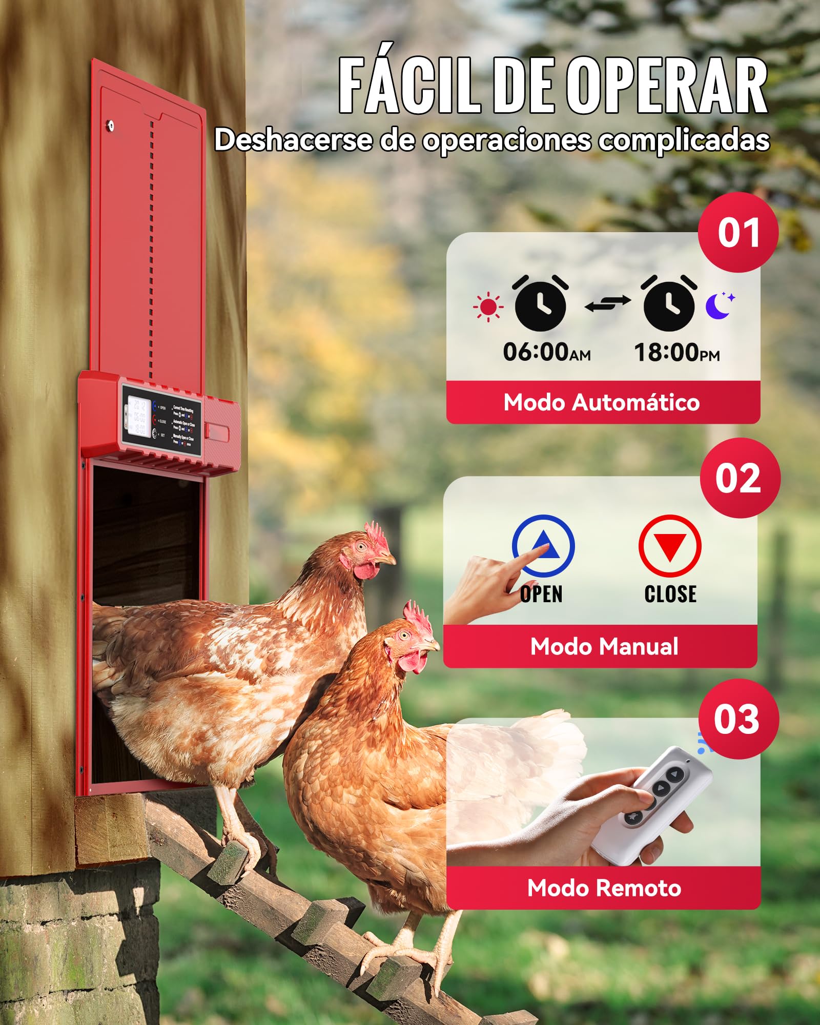 Puerta Gallinero Automatica Solar Roja con 3 Modos, Proteccion contra Pinchazos, Aluminio Resistente a la Intemperie