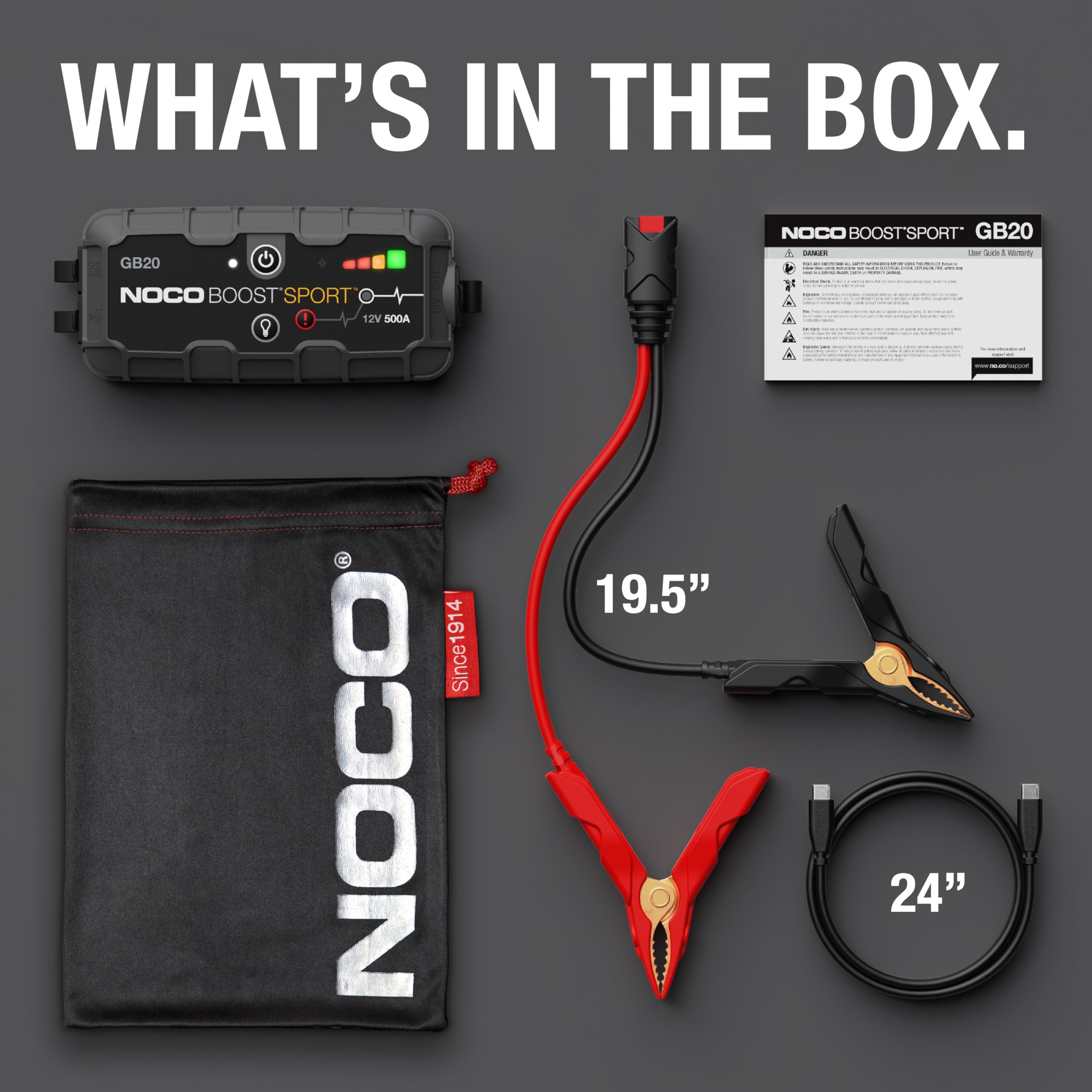 NOCO Boost GB20: 500A UltraSafe Starthilfe Powerbank – 12V Lithium-Starthilfegerät & Starterkabel – Tragbarer Booster für Benziner bis 4,0L
