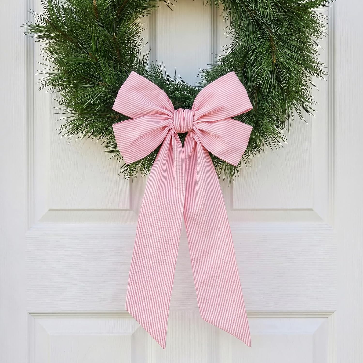 2 Pcs Wreath Sash for Front Door Seersucker Wreath Sashs 5.1'' W x 59'' L Holiday Stripes Wreaths Ribbon for Embroidery Monogram Garland Accessories for Baby Shower Yard Doorway Wall(Pink Striped)