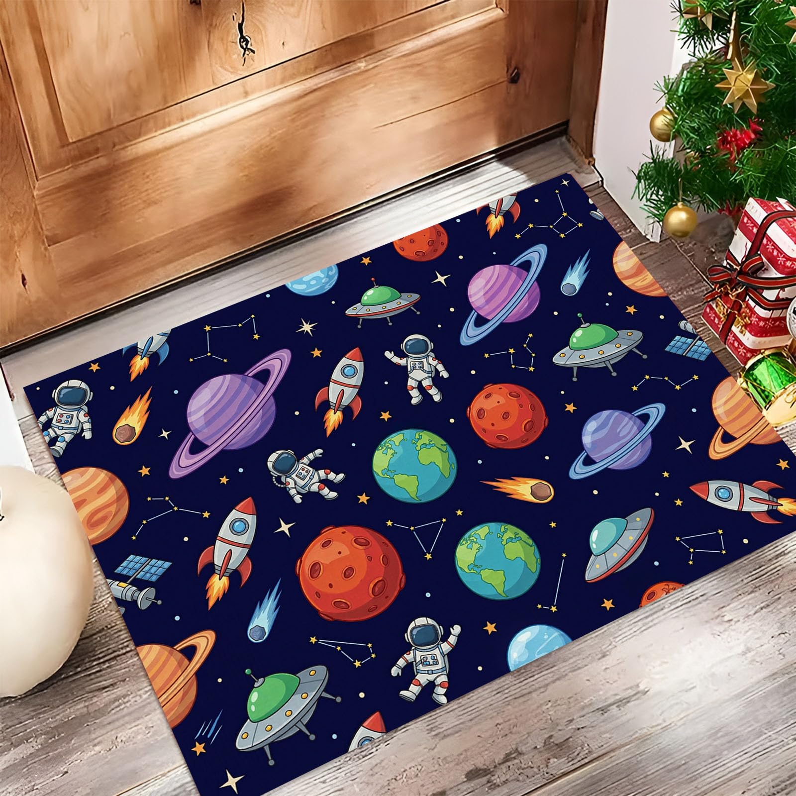 Felpudo Entrada Casa Constelación Planeta Astronauta 80x120cm, Alfombra Interior de Bienvenida Tema Espacial Dibujos Animados Antideslizante, Felpudo de Entrada Alfombrilla para Puertas, Pasillo