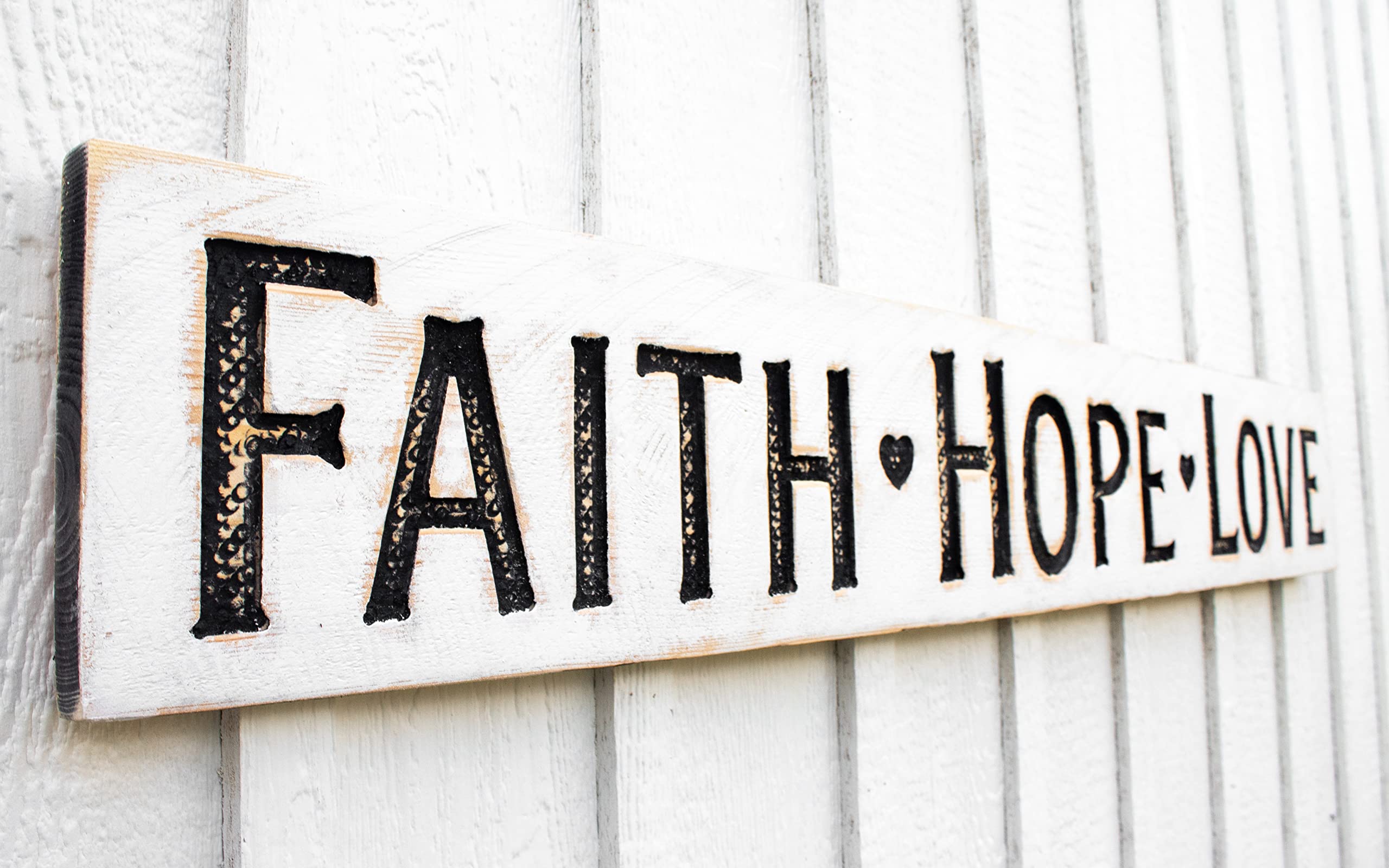 FAITH HOPE LOVE Sign - Carved in a 55"x8" Solid Wood Board | Rustic Distressed | Farmhouse Style | Handmade in NC