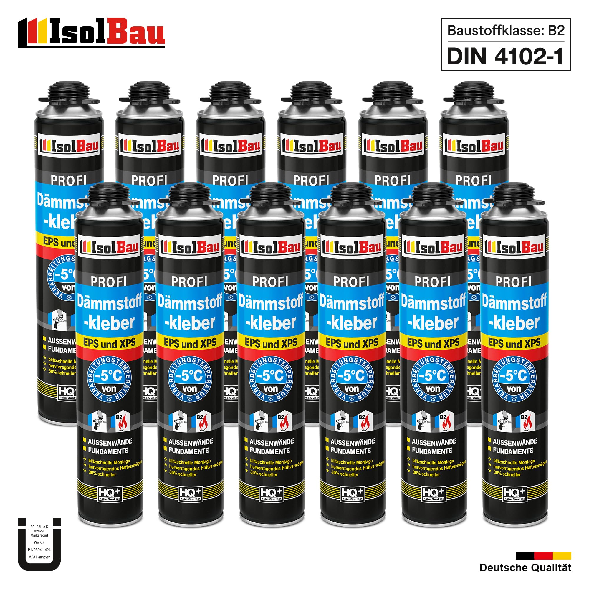 Isolbau B2 Dämmstoffkleber - 12 x 750 ml Perimeterkleber für EPS- & XPS-Platten - 1K PU-Klebeschaum für Fixieren und Isolieren