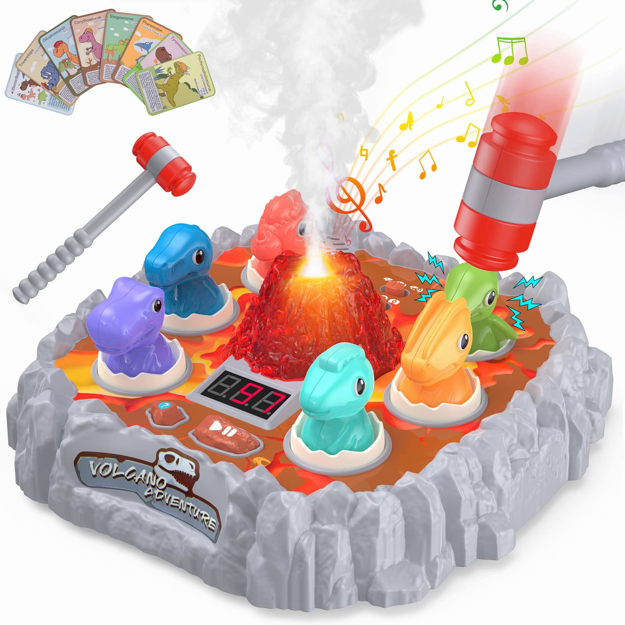 OKKIDY Whack A Mole Game for Toddlers, Kids 3 4 5 6 7 8Year Old Dinosaur Toys with 2 Pounding Hammers, Interactive Educational Toys with Sound and Light 8 Learning Cards Pounding Toys